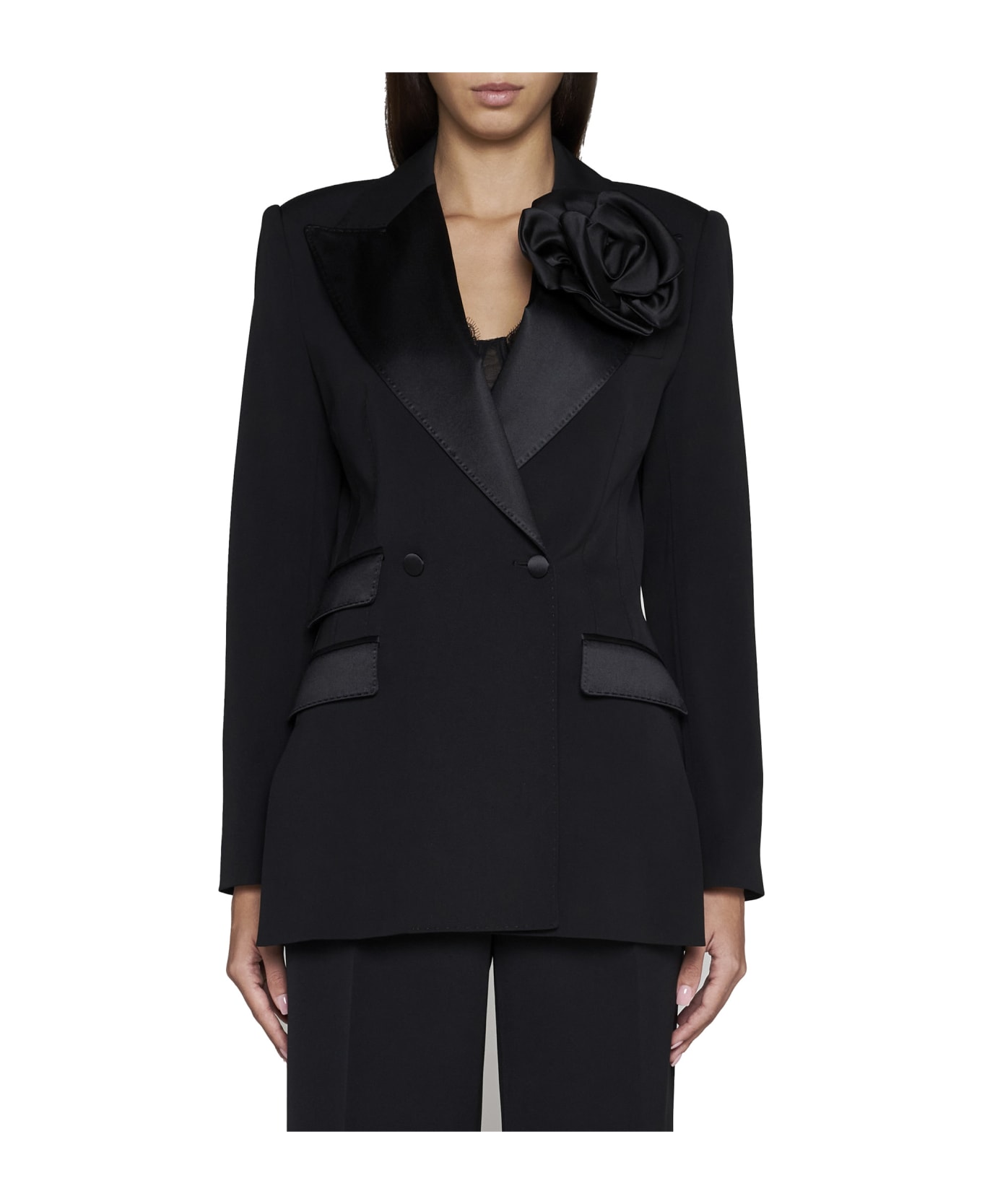 Dolce & Gabbana Double-breasted Jacket With Applied Flower - Nero