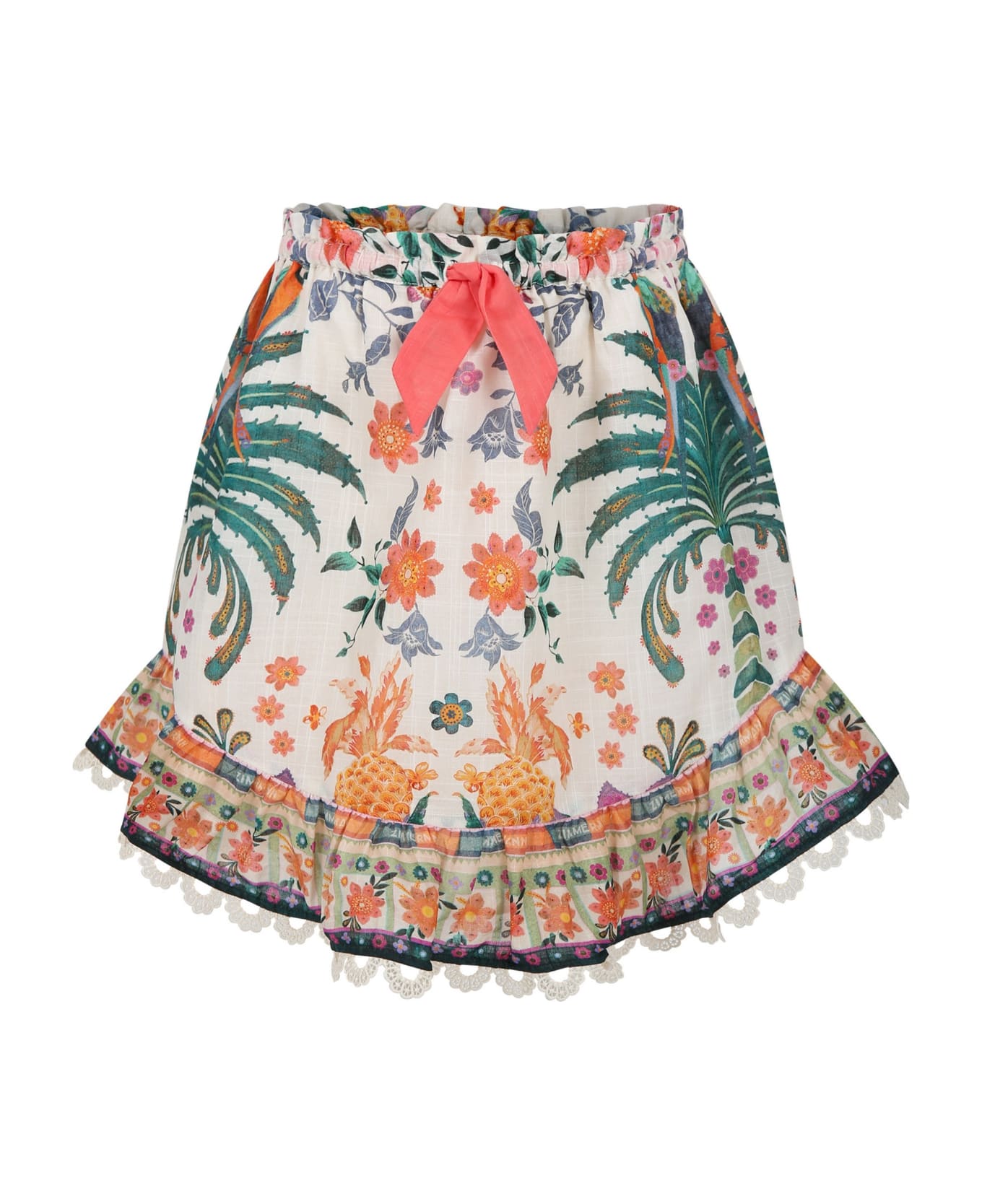 Zimmermann Ivory Skirt For Girl With Tropical Print - Multicolor
