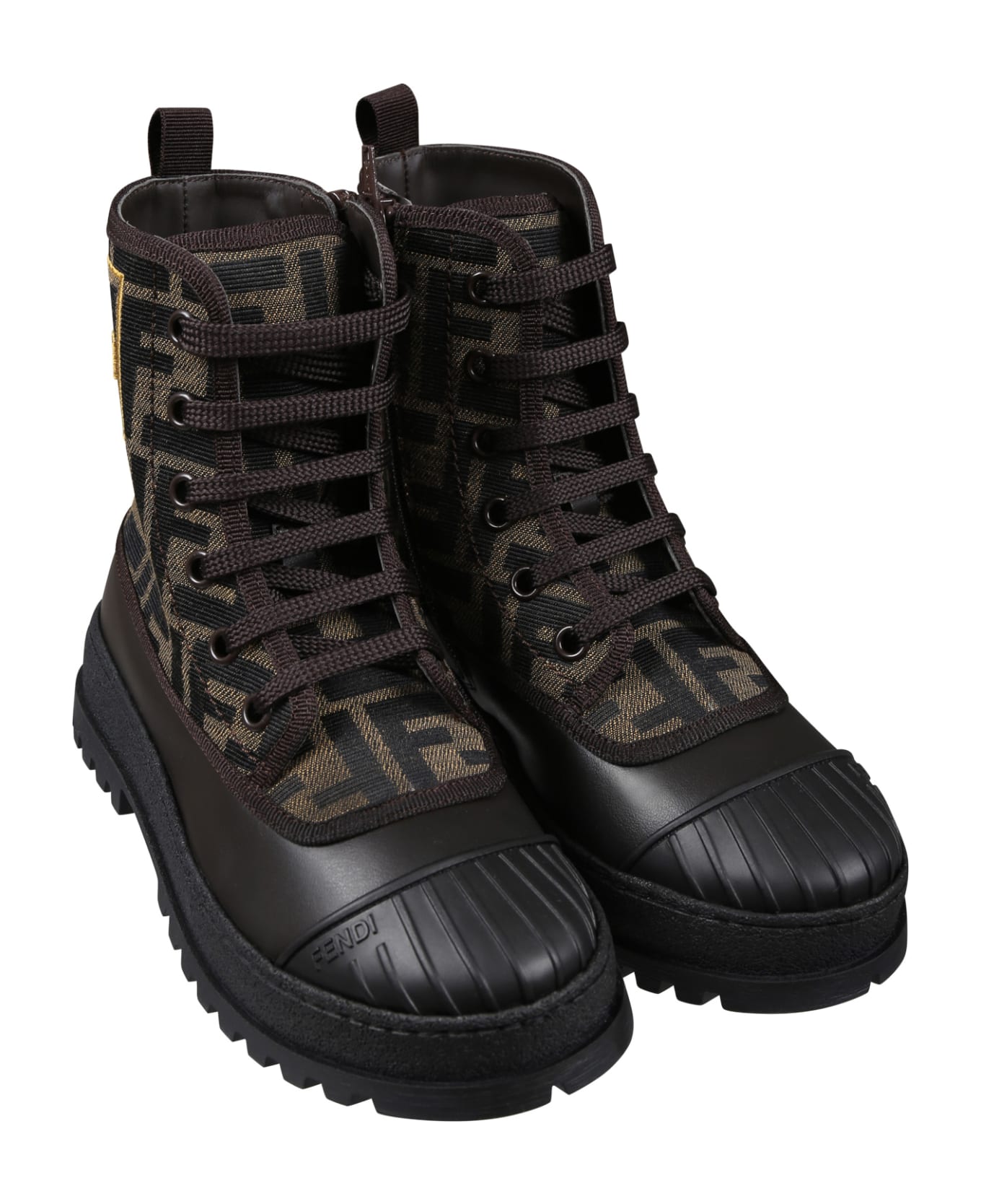 Fendi Brown Combat Boots For Kids With Ff Logo - Brown シューズ