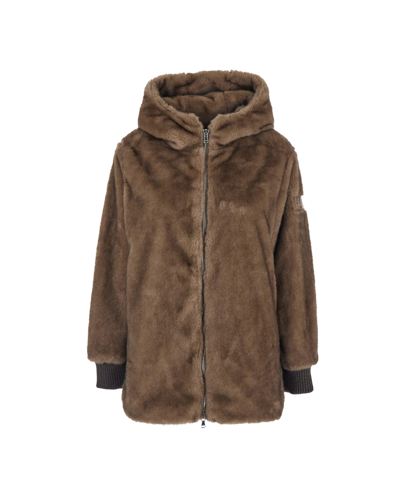 TATRAS 
arabis
 Brown Jacket With Fixed Hood And Logo Patch On The Sleeve In Faux Fur Woman - Brown