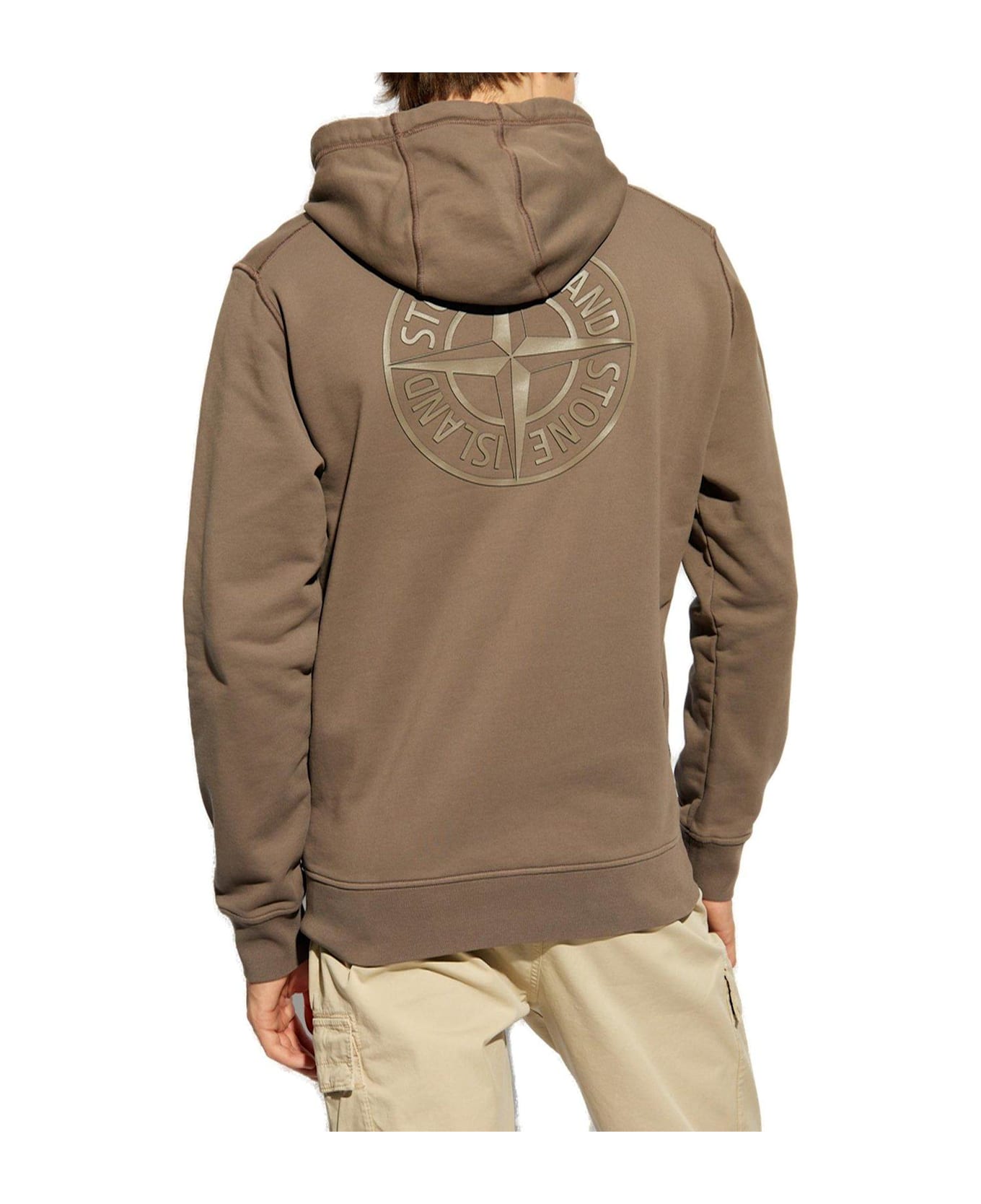 Stone Island Logo Printed Drawstring Hoodie - WALNUT