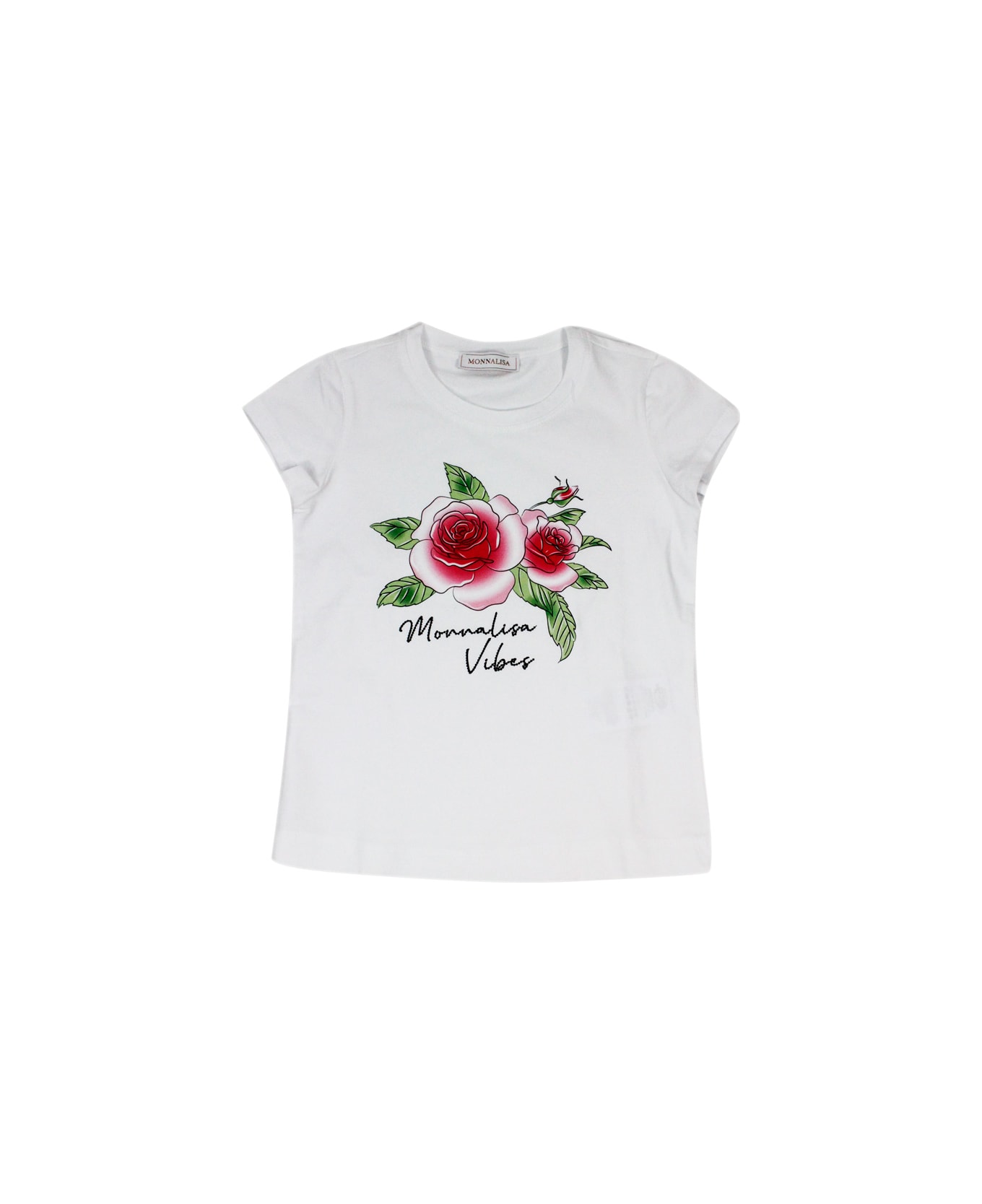 Monnalisa Short Sleeve Crewneck T-shirt With Pink Print - White