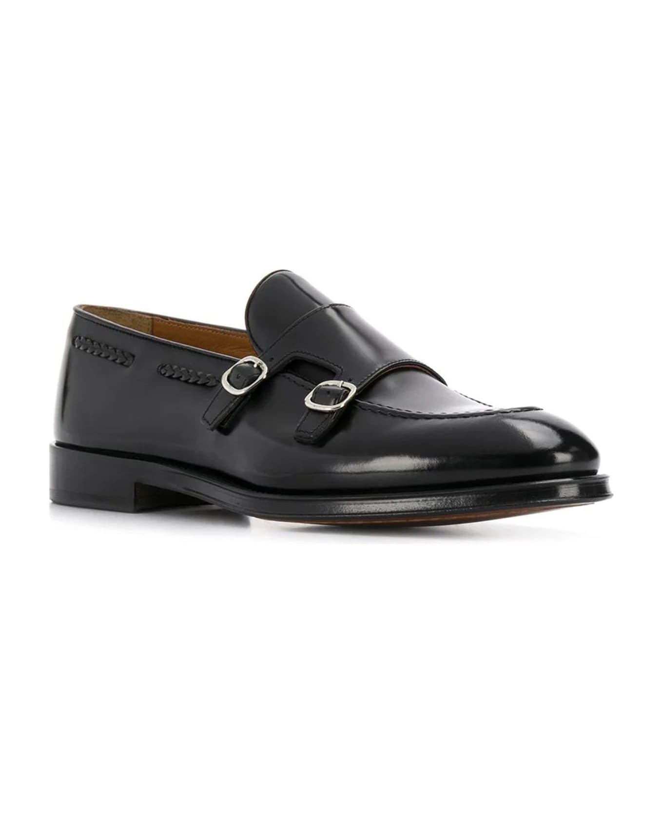 Doucal's Black Leather Polished Monk Shoes - Black