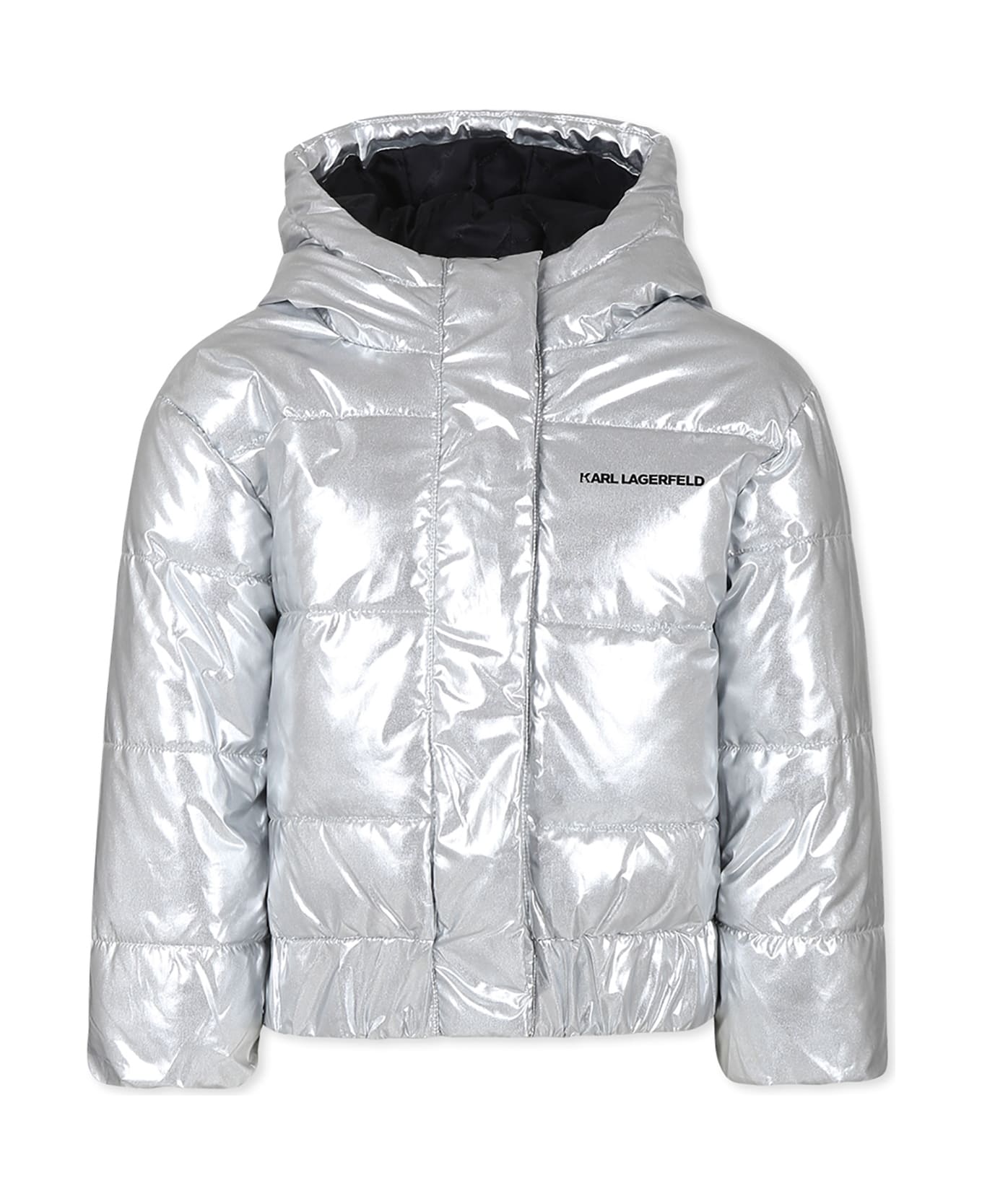 Karl Lagerfeld Kids Silver Down Jacket For Girl With Logo - Silver