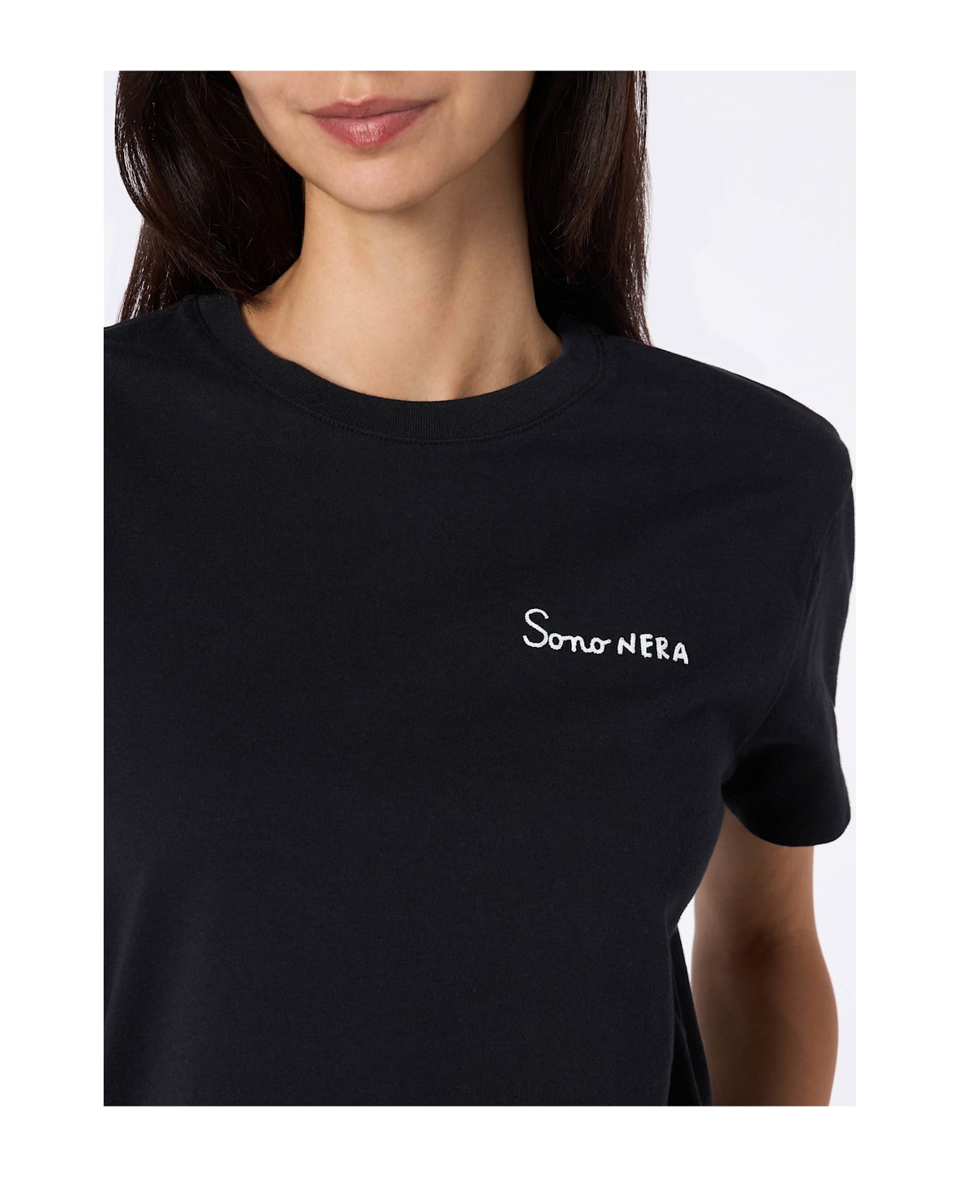 MC2 Saint Barth Woman Black Cotton Jersey Crewneck T-shirt Emilie With Sono Nera Embroidery - BLACK