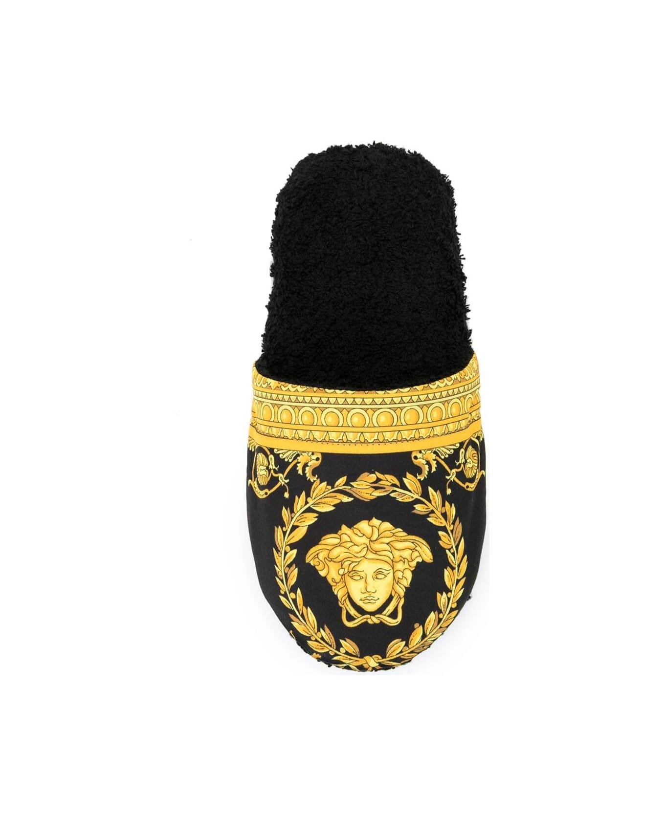 Versace Black And Gold House Slippers In Cotton And Terry With Baroque Print - Black