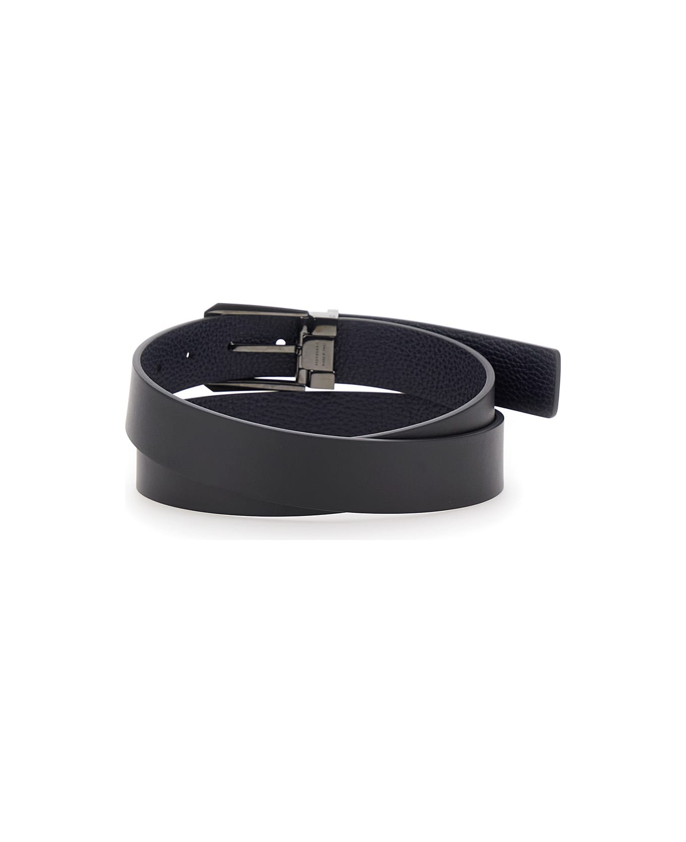 Ferragamo Black Reversible Belt With Engraved Logo In Smooth And Hammered Leather Man - Black