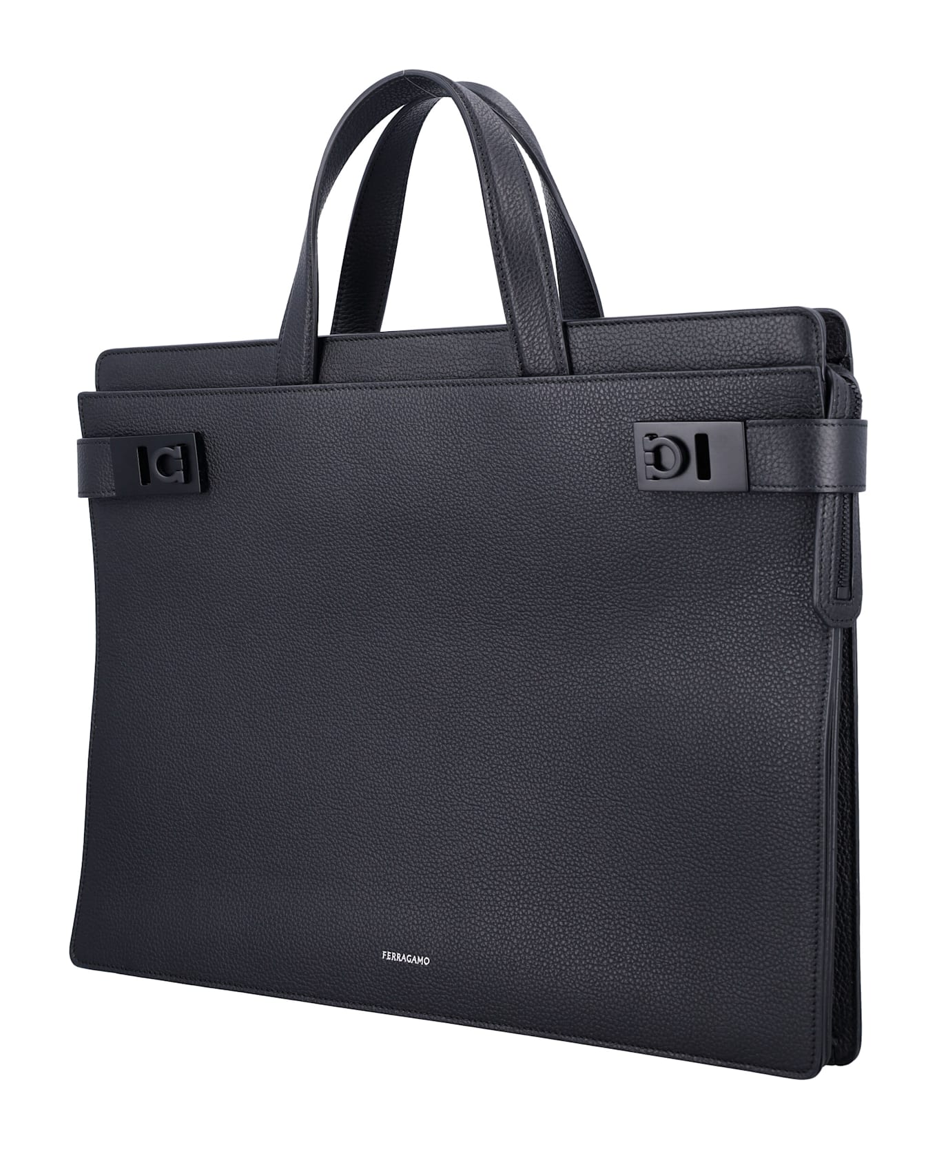 Ferragamo Briefcase With Gancini Buckles - BLACK