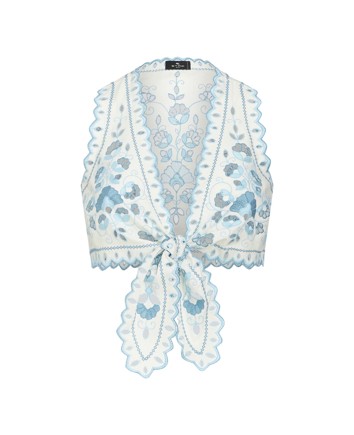 Etro White Crop Top With Bow And Embroidery - Bianco/azzurro