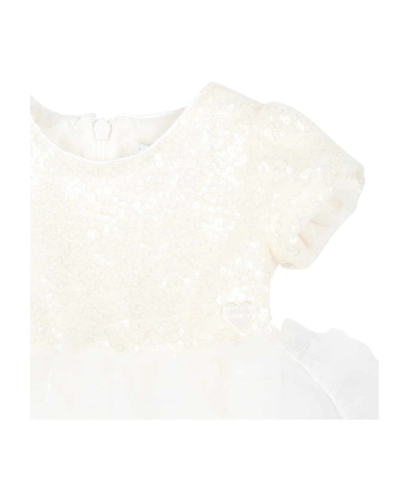 Monnalisa White Dress For Baby Girl With Sequins - White ウェア