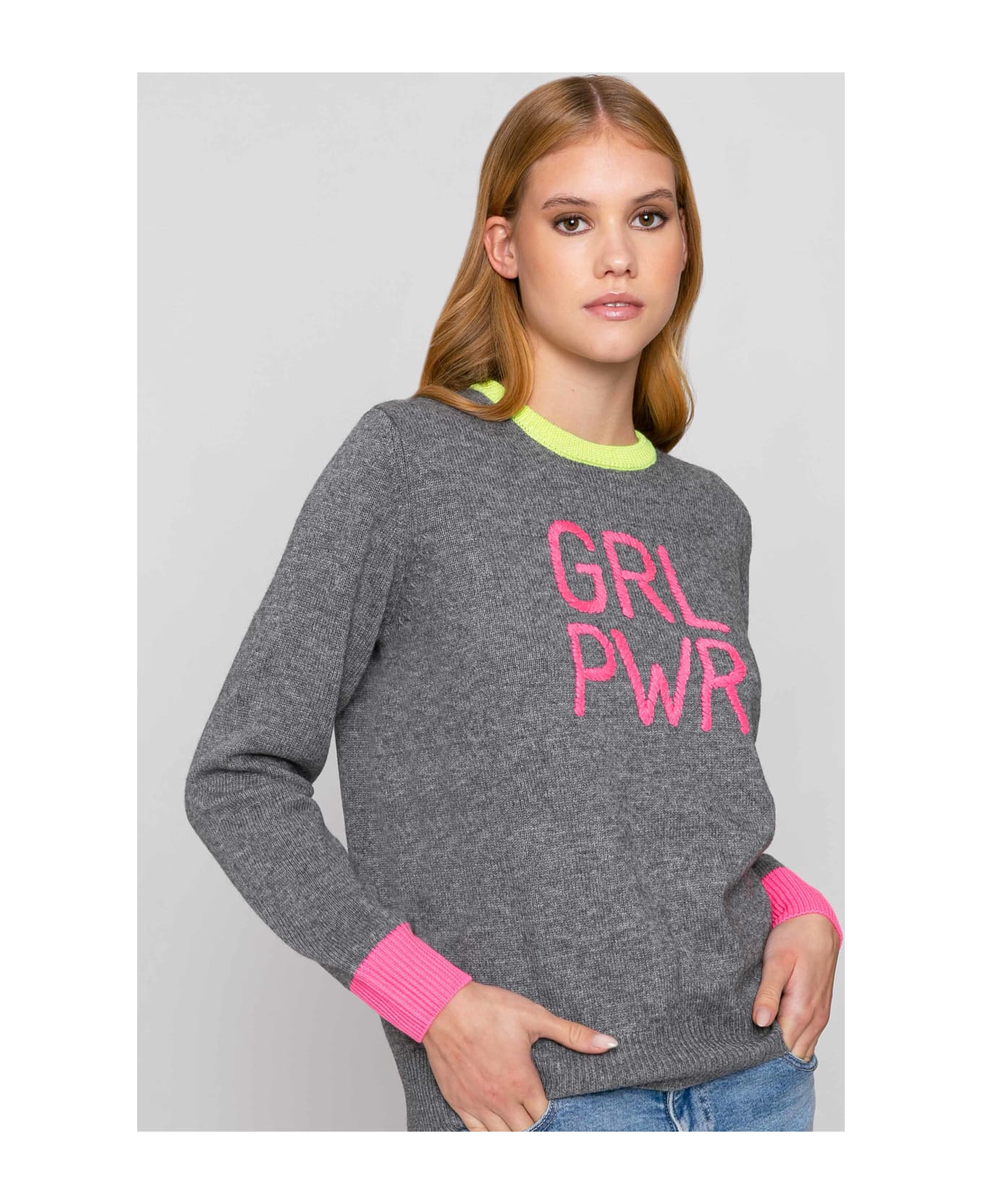 MC2 Saint Barth Woman Grey Sweater Girl Pwr Fluo Embroidery And Fluo Details - GREY