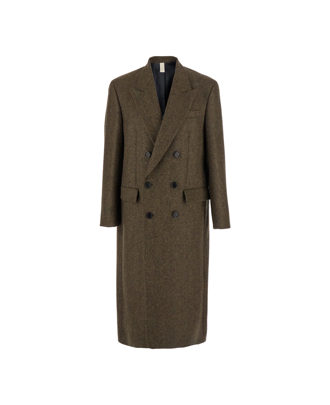 Sunflower Green Double-breasted Coat With Peak Revers And Herringbone Motif In Wool Man - Green