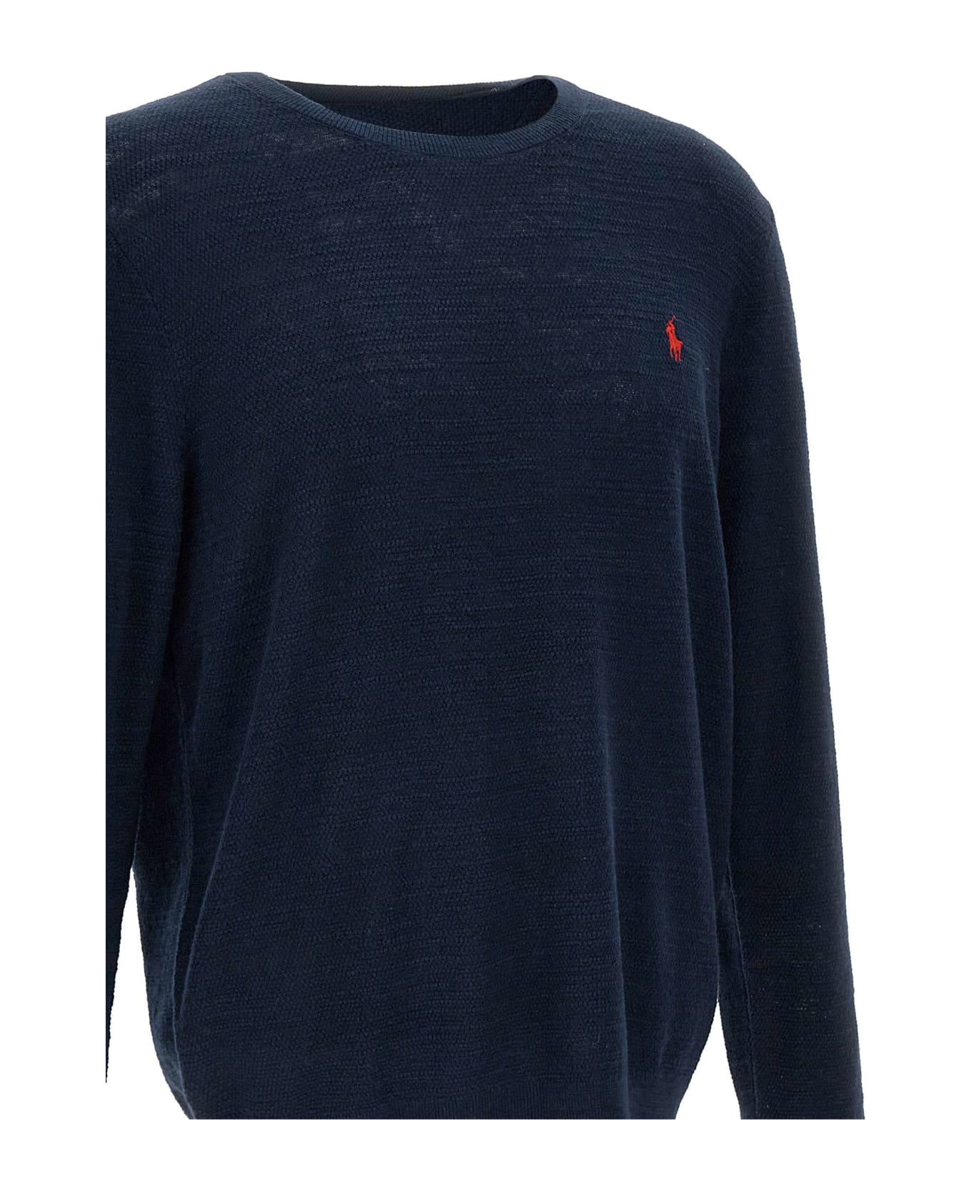 Polo Ralph Lauren 'classic' Linen And Cotton Pullover Sweater - BRIGHT NAVY W/RED