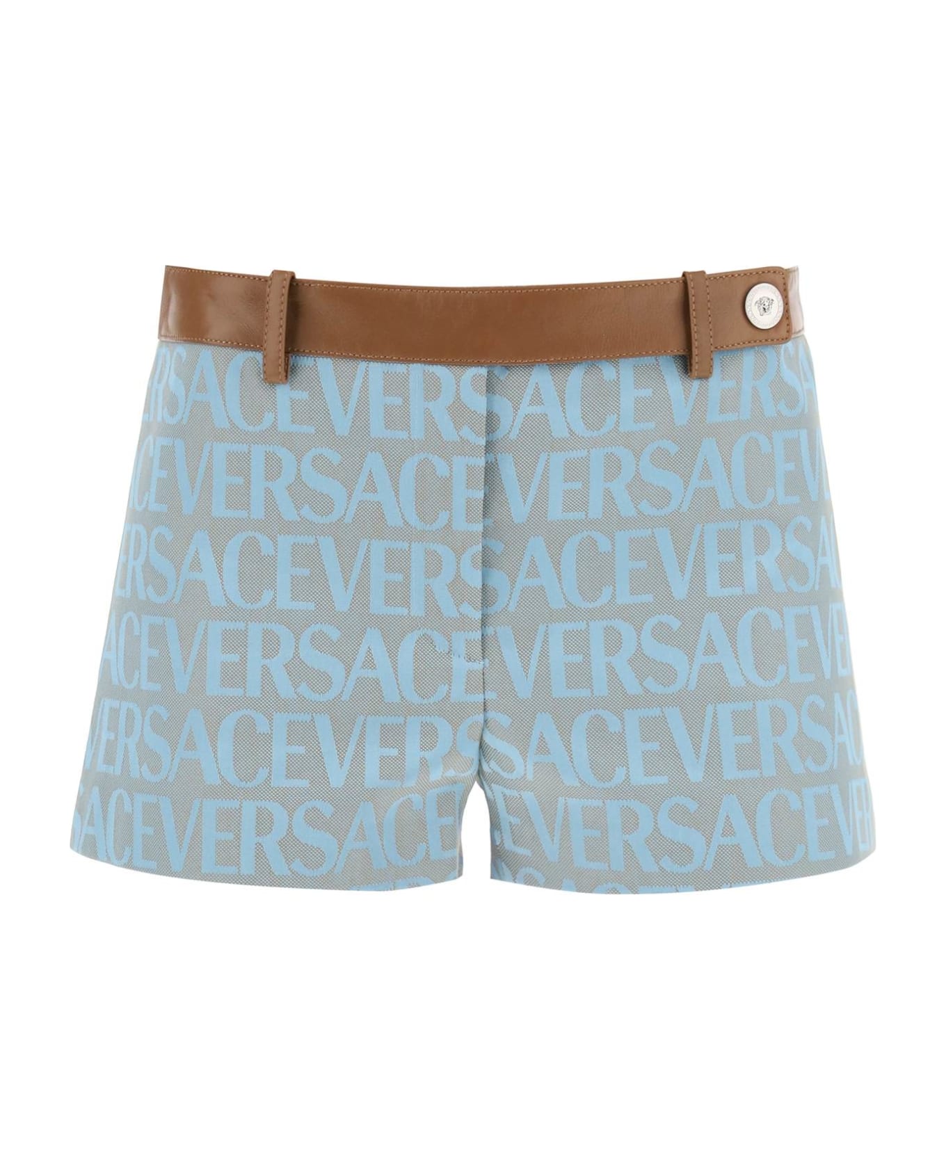 Versace Monogram Shorts With Leather Band - PALE BLUE BEIGE (Light blue)