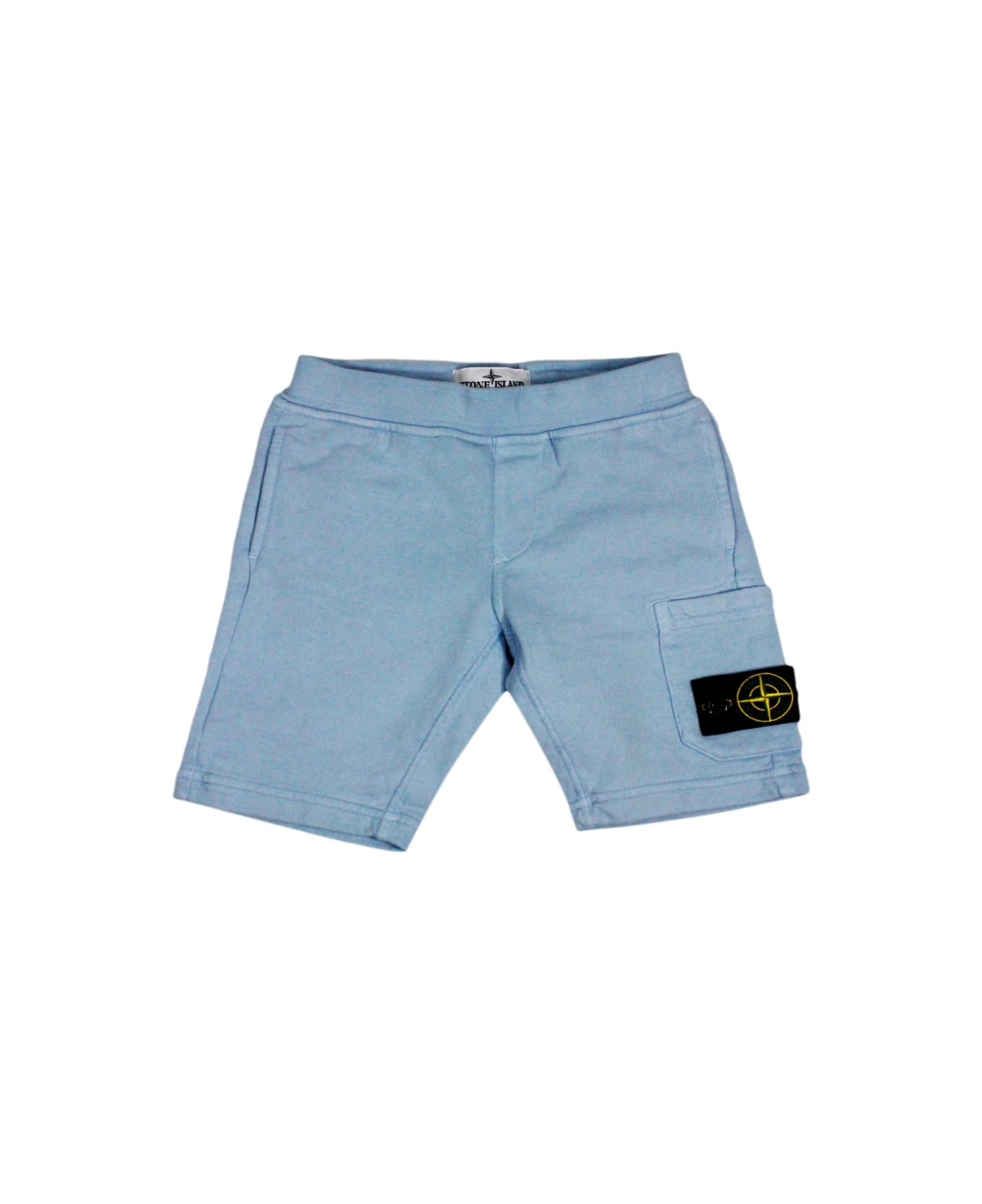 Stone Island Junior Cotton Fleece Bermuda Shorts With Elasticated Waist And Logo Pocket On The Leg - Light Blu
