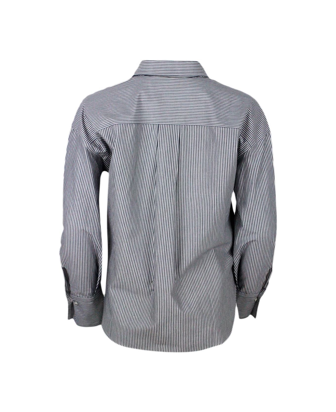 Brunello Cucinelli Long-sleeved Shirt Made Of Cotton With A Striped Pattern Embellished With Bright Lurex Threads - Blu