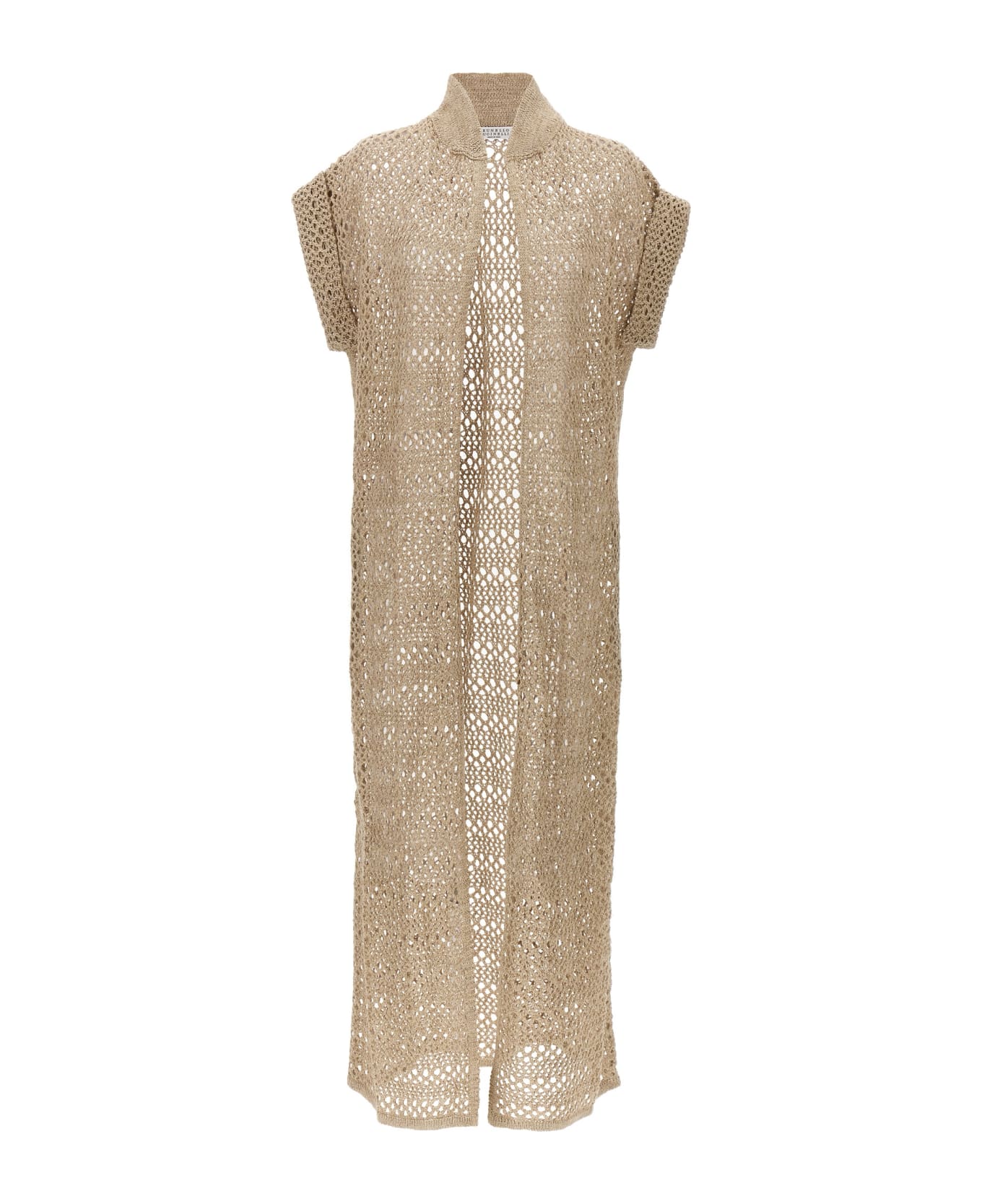 Brunello Cucinelli Net Long Cardigan In Linen And Silk - Beige ニットウェア