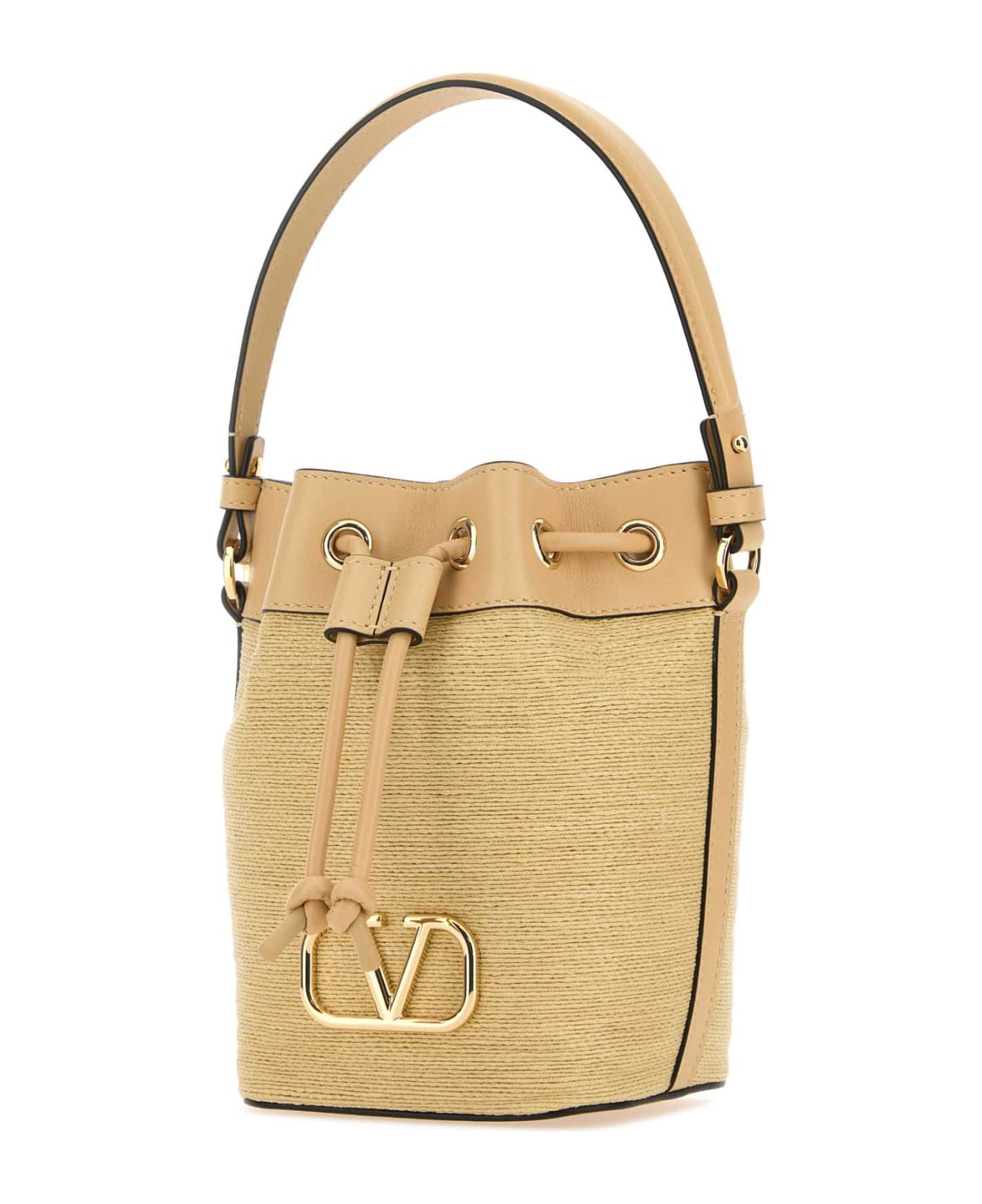 Valentino Garavani Raffia Leather Vlogo Signature Bucket Bag - NATURALESAHARABEIGE