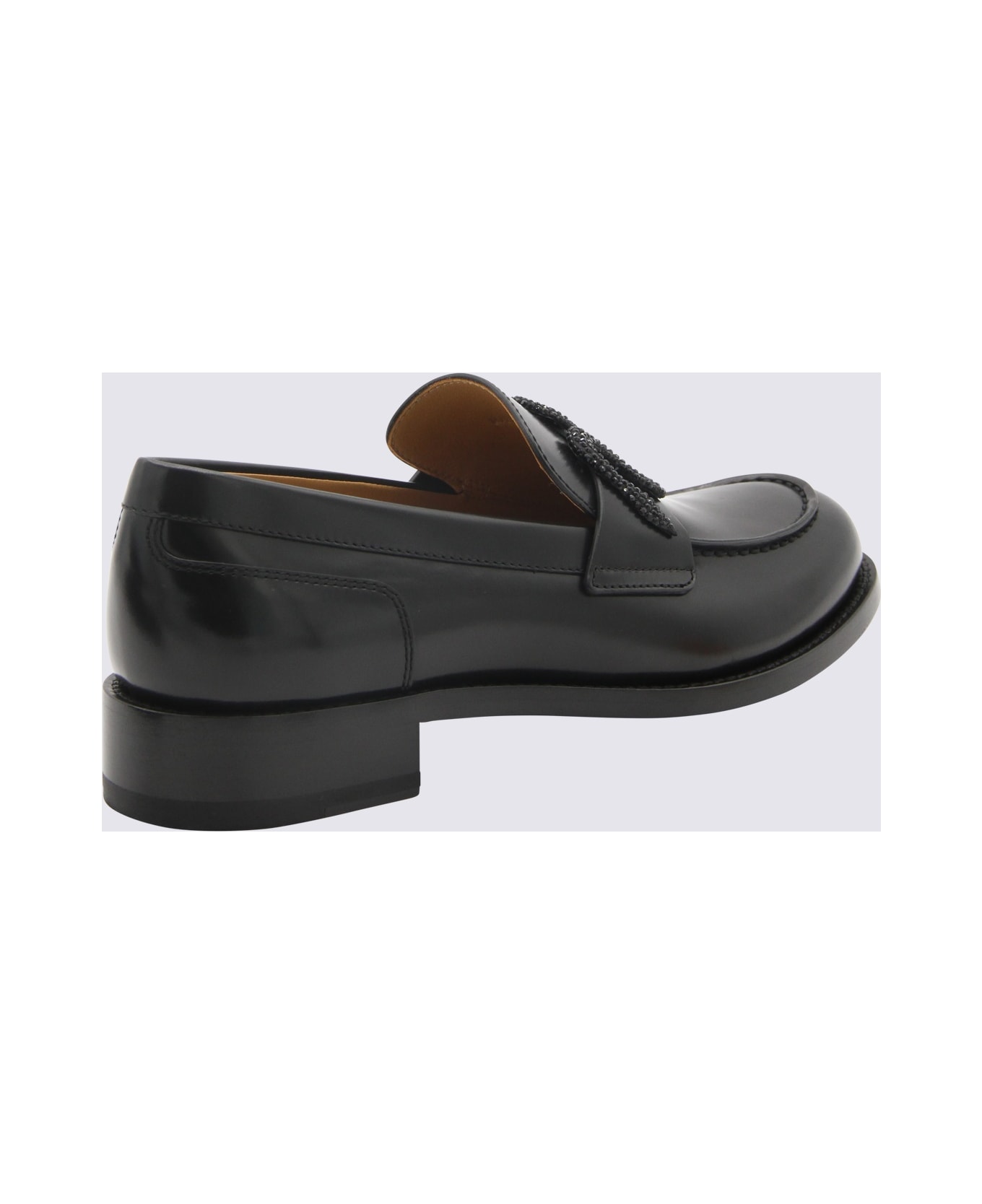 René Caovilla Black Leather Loafers - BLACK CALF/JET STRASS フラットシューズ