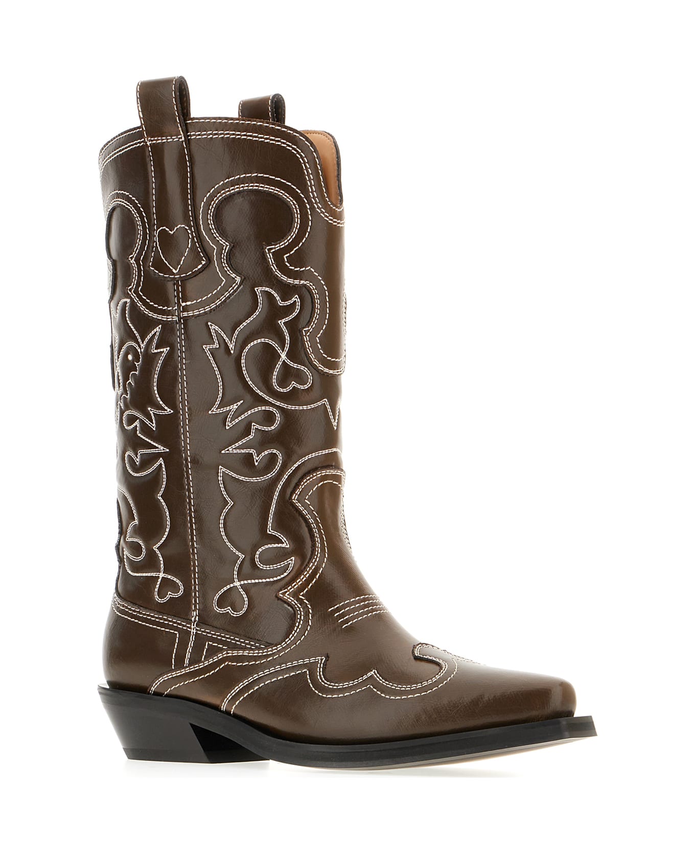 Ganni Brown Synthetic Leather Shaft Boots - DARK OLIVE/EGRET