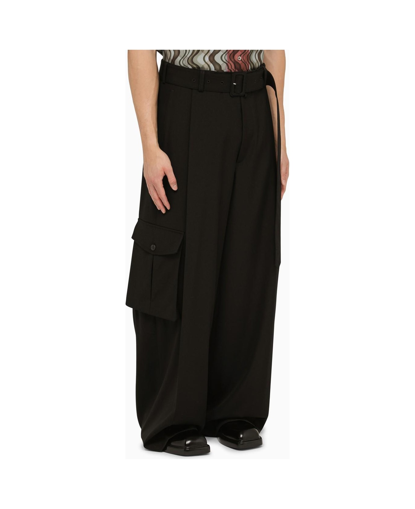 Dries Van Noten Black Wool Wide Trousers With Belt - Black