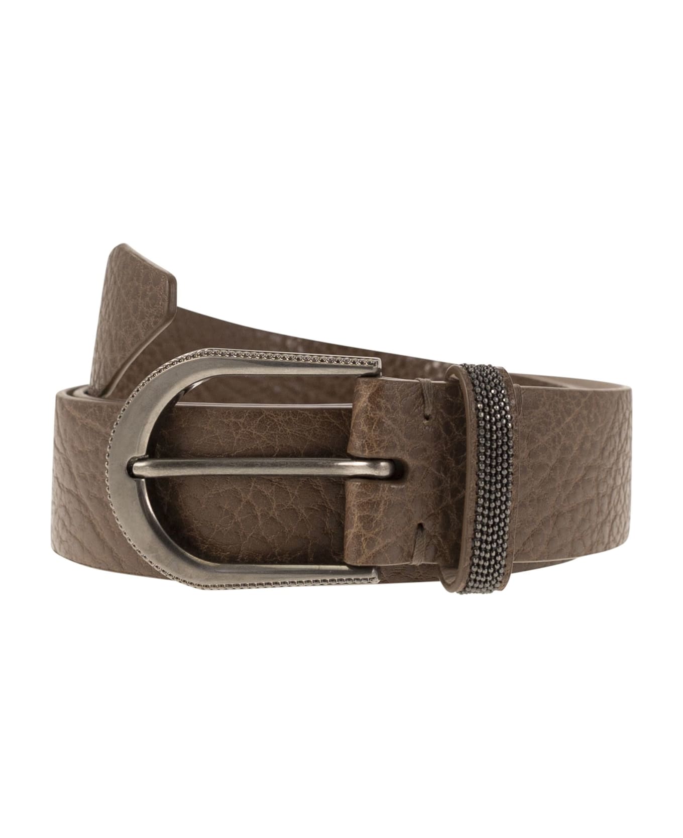 Brunello Cucinelli Glossy Hammered Calfskin Belt With Jewel - Brown