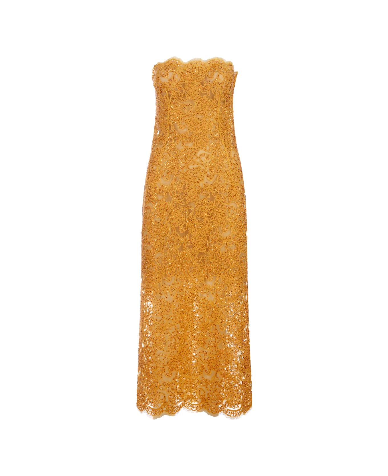 Ermanno Scervino Lace Longuette Dress With Micro Crystals - Yellow ワンピース＆ドレス