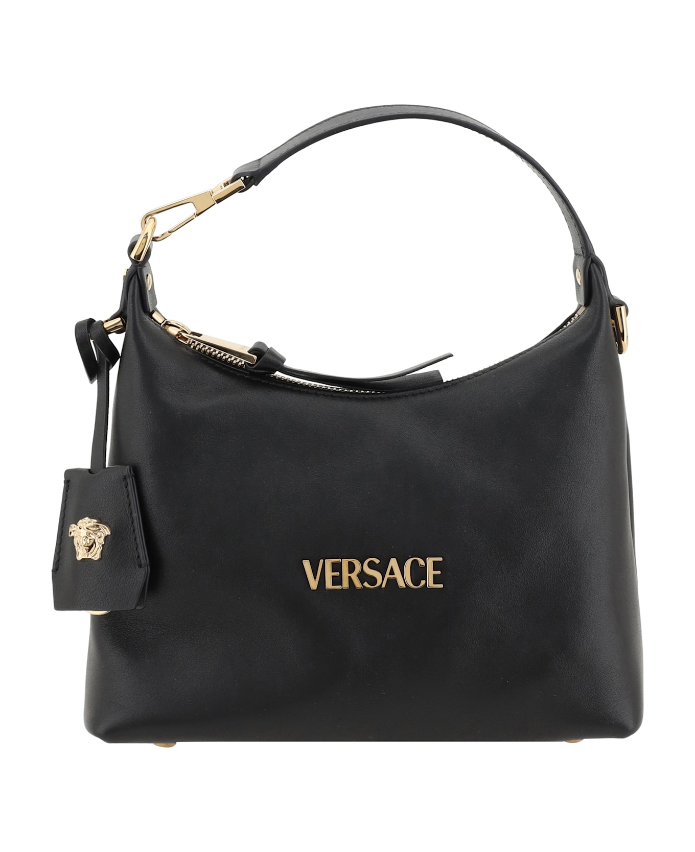 Versace Black Leather Hobo Tag Handbag - Black-versace Gold