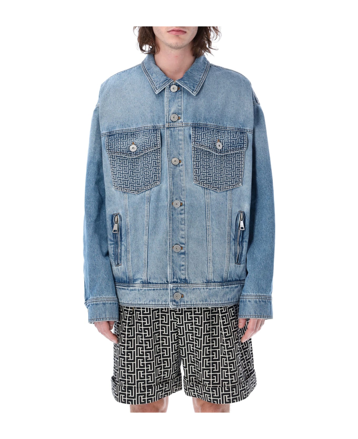 Balmain Denim Jacket With Balmain Logo And Monogram Pockets - BLUE