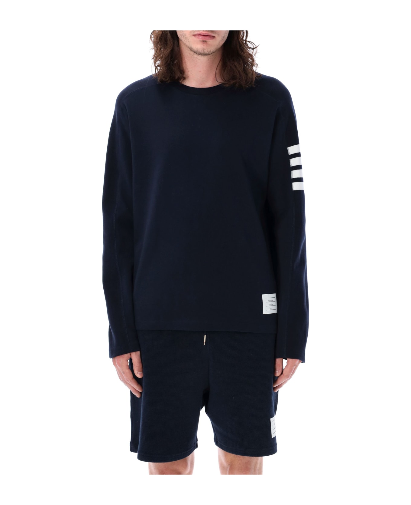 Thom Browne Long Sleeves T-shirt With 4 Bar Stripes - NAVY