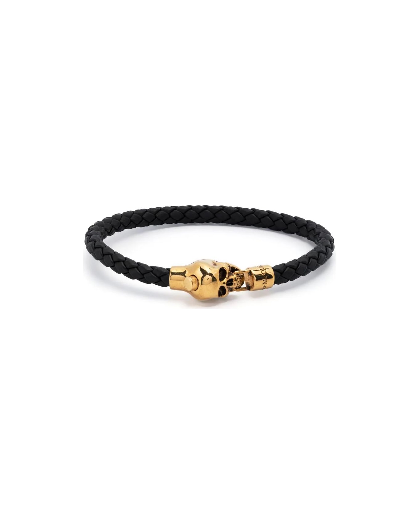 Alexander McQueen Braided Leather Bracelet With Skull Detail - Black