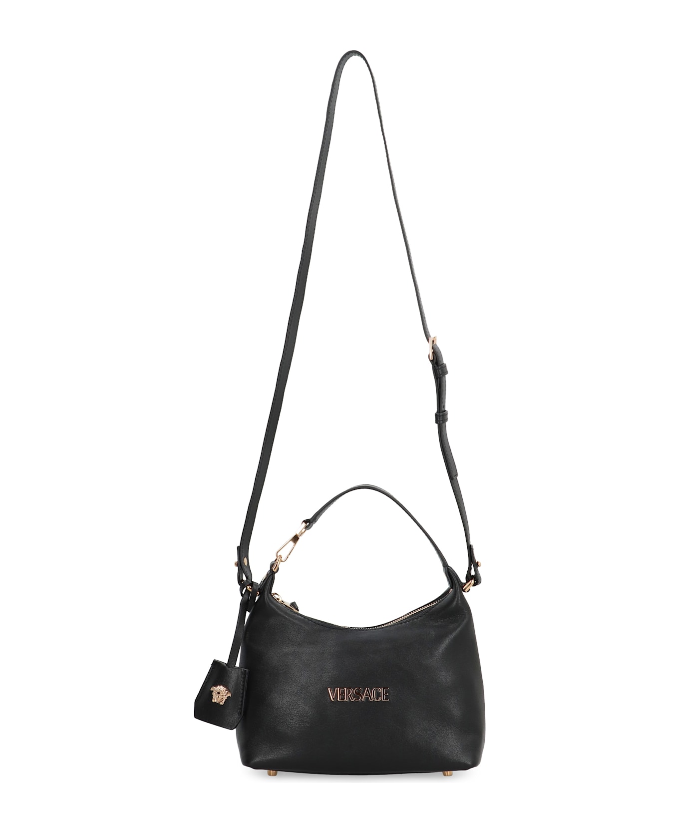 Versace Tag Hobo Bag In Leather With Embossed Logo - black