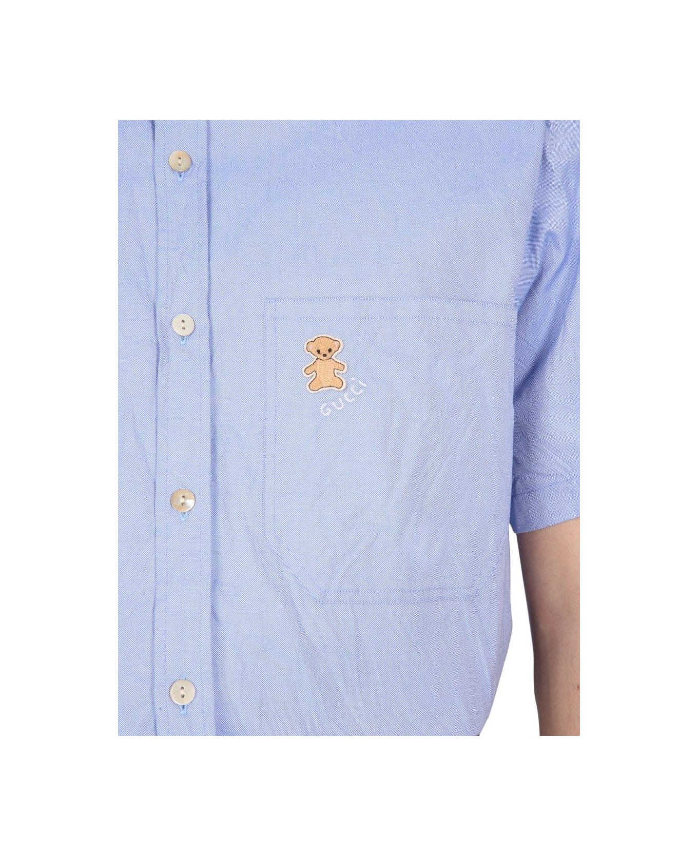 Gucci Bear Motif Embroidered Short-sleeved Shirt - BABY BLUE