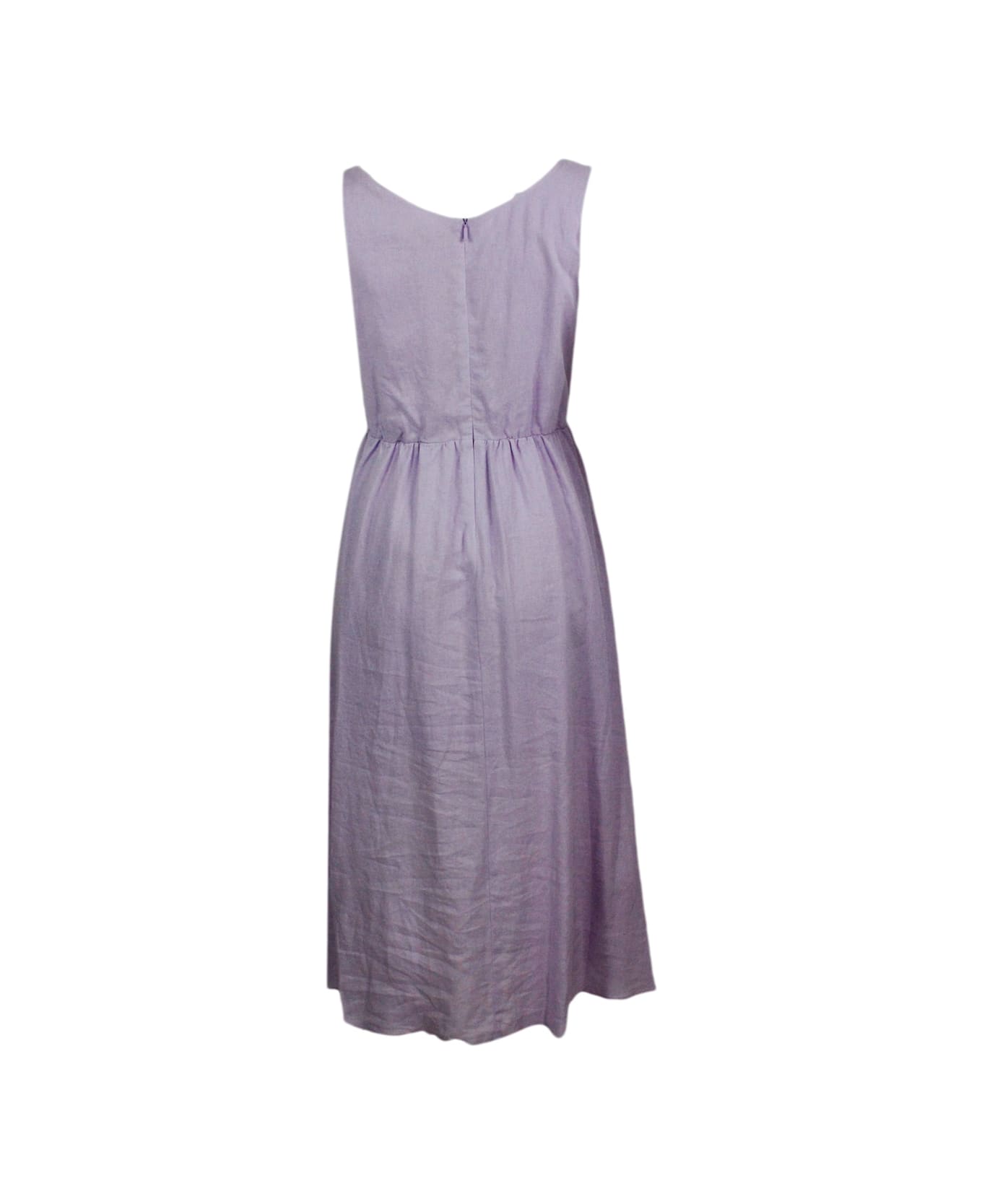 Armani Collezioni Sleeveless Dress Made Of Linen Blend With Elastic Gathering At The Waist. Welt Pockets - Pink ワンピース＆ドレス