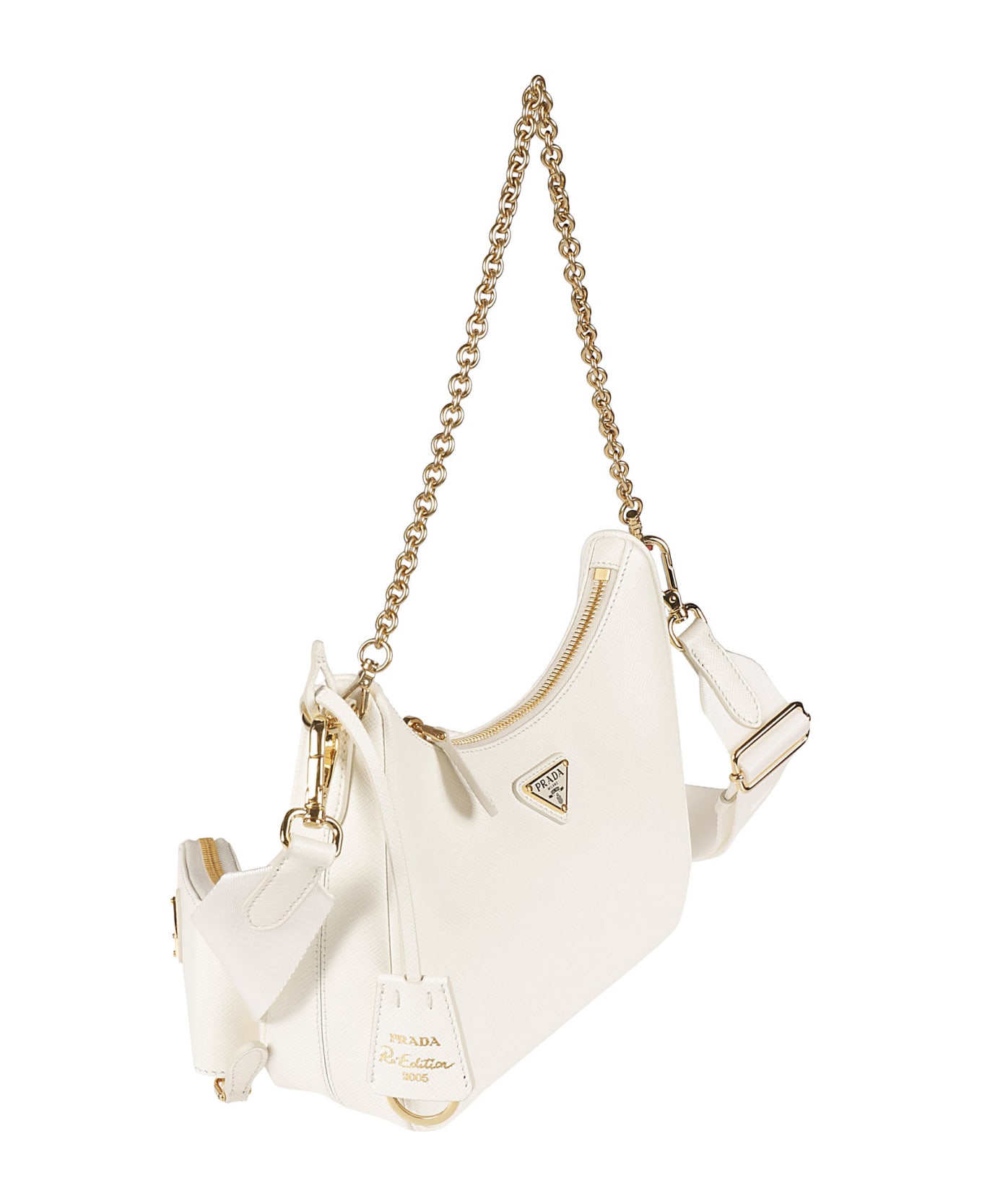Prada Logo Detail Top Zip Chain Shoulder Bag - White