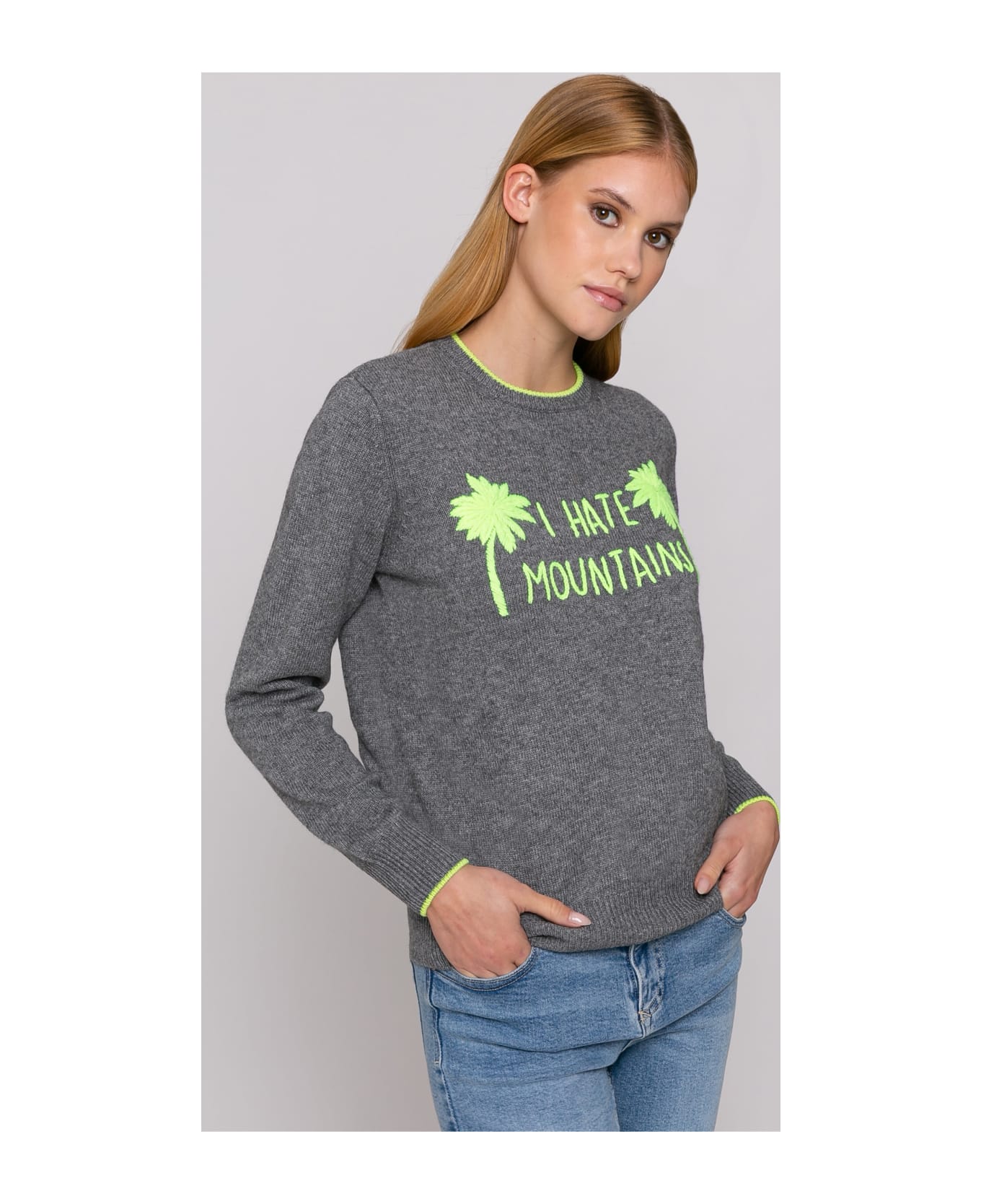 MC2 Saint Barth Woman Grey Sweater Yellow Fluo I Hate Mountains Embroidery - GREY