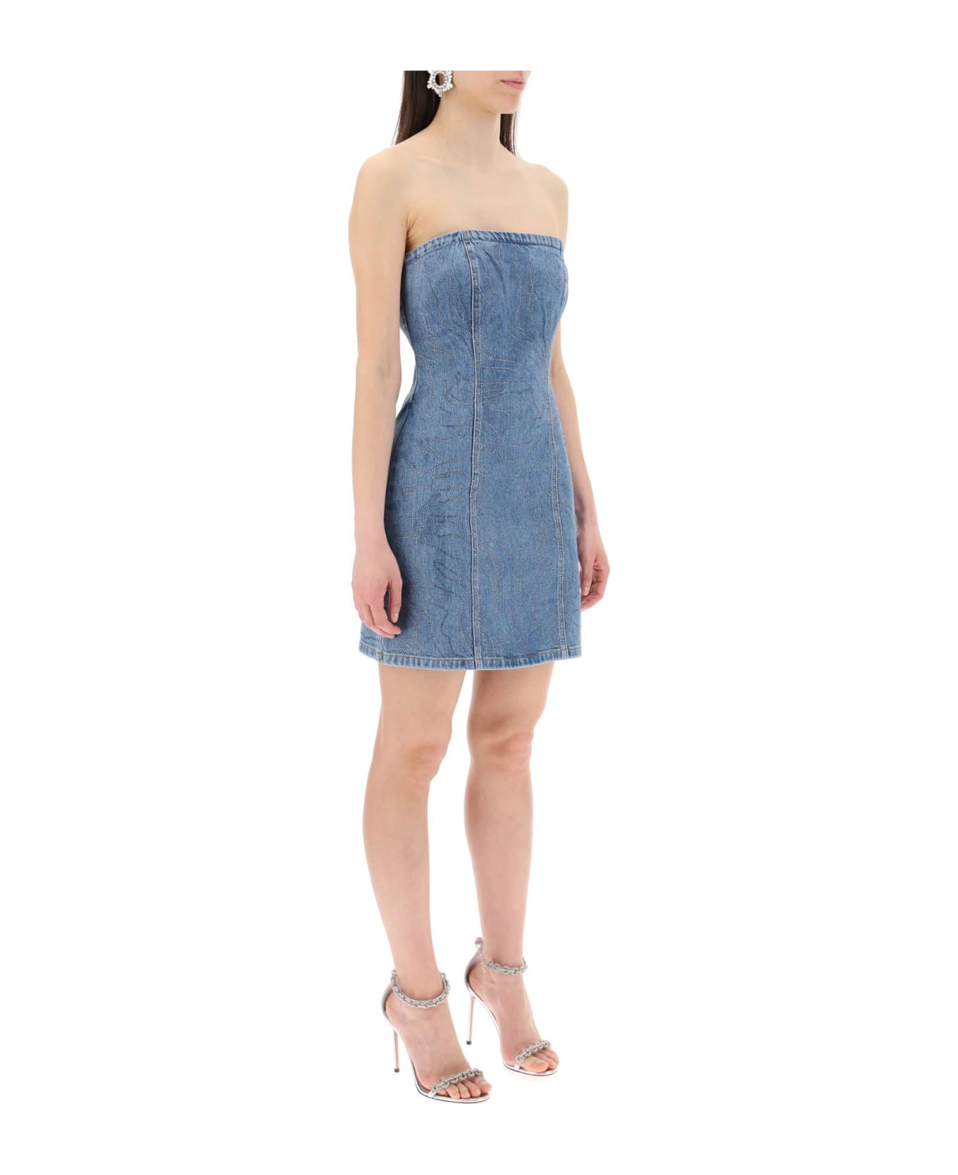 Rotate by Birger Christensen Denim Mini Dress With Rhin - Light blue denim (Blue)