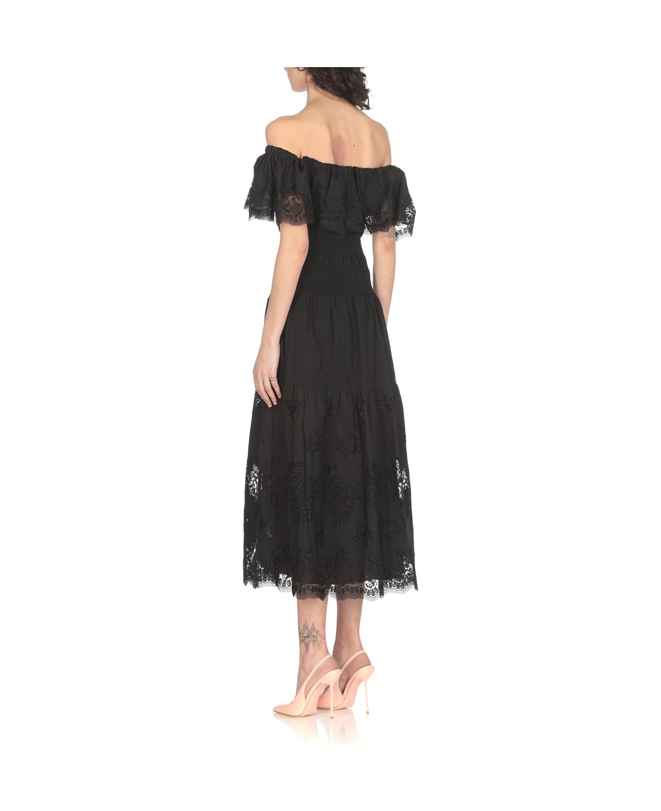self-portrait Cotton Midi Dress - Black ワンピース＆ドレス