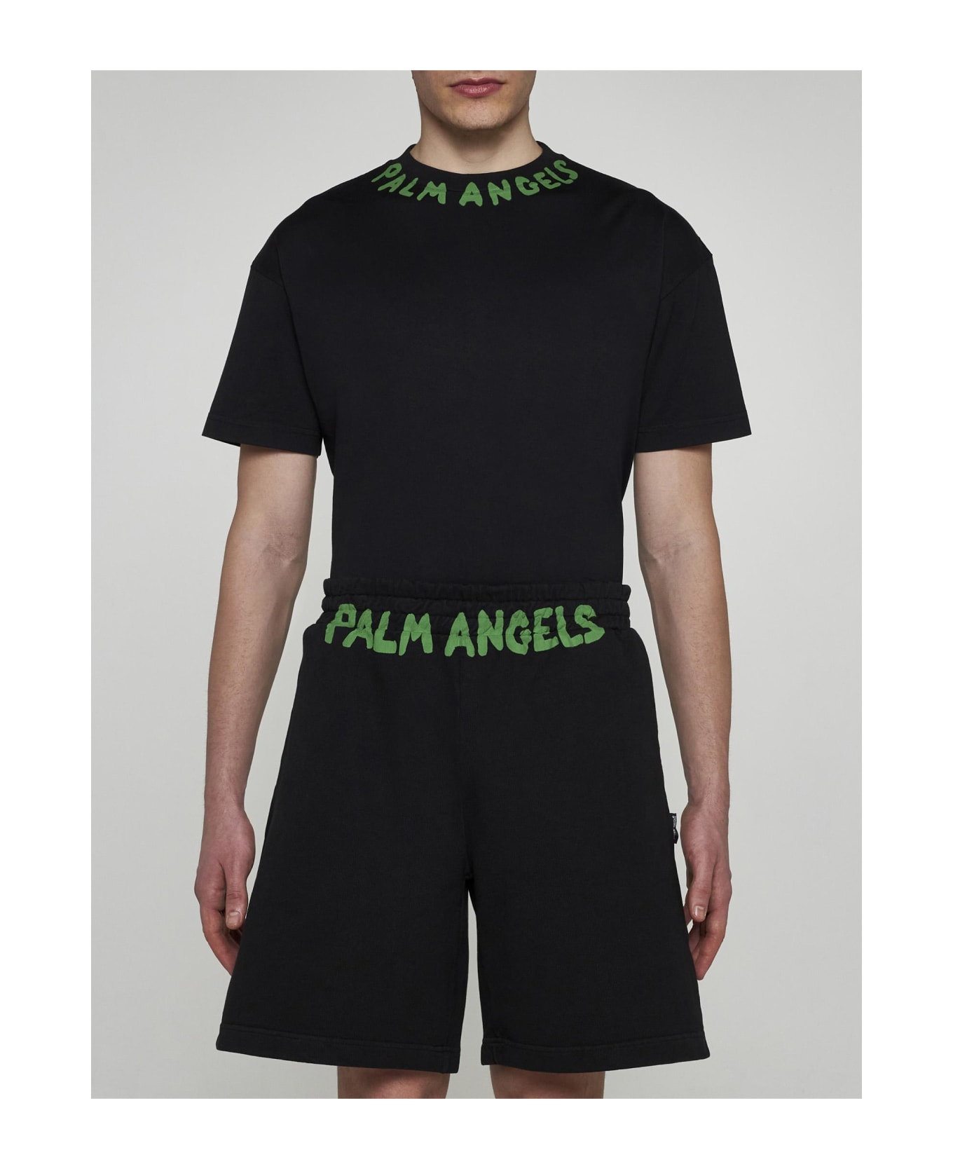 Palm Angels Logo Cotton Sweatshorts - Black green fl ショートパンツ
