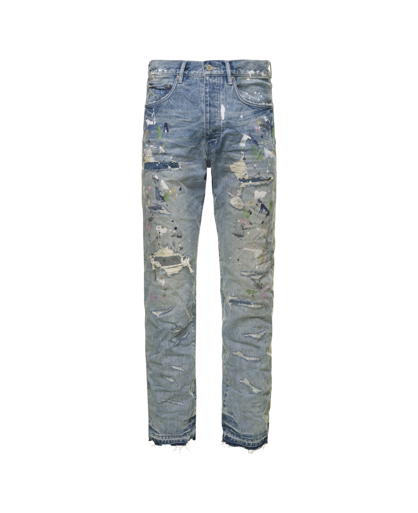 Purple Brand Light Blue Wrinkled Jeans With Rips And Paint Stains In Cotton Denim Man Purple Brand - Blu