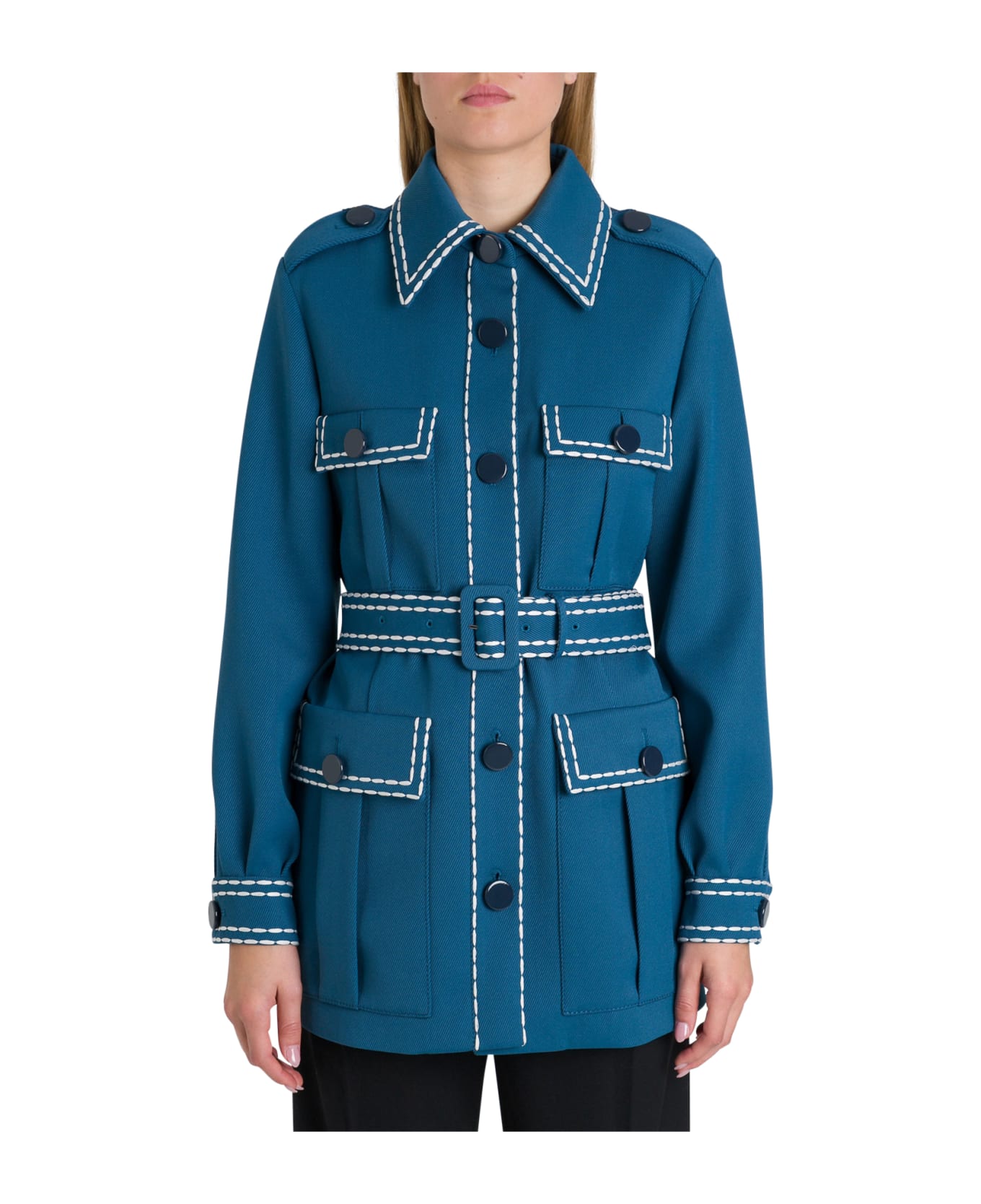 Fendi Safari Jacket In Blue Gabardine - Blu
