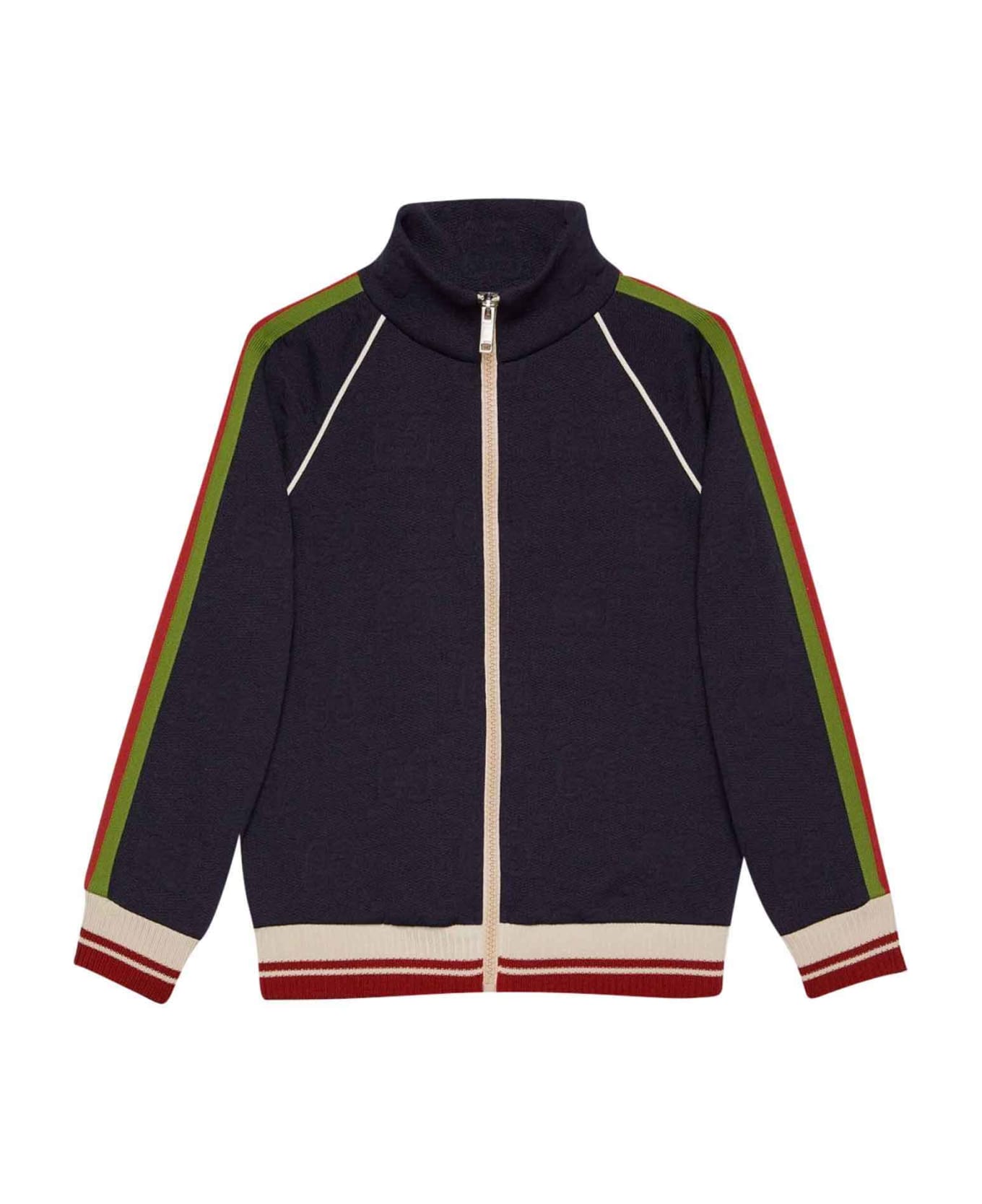 Gucci Blue Jacket With Multicolor Stripes, Long Sleeve, High Collar And Frontal Zip Closure