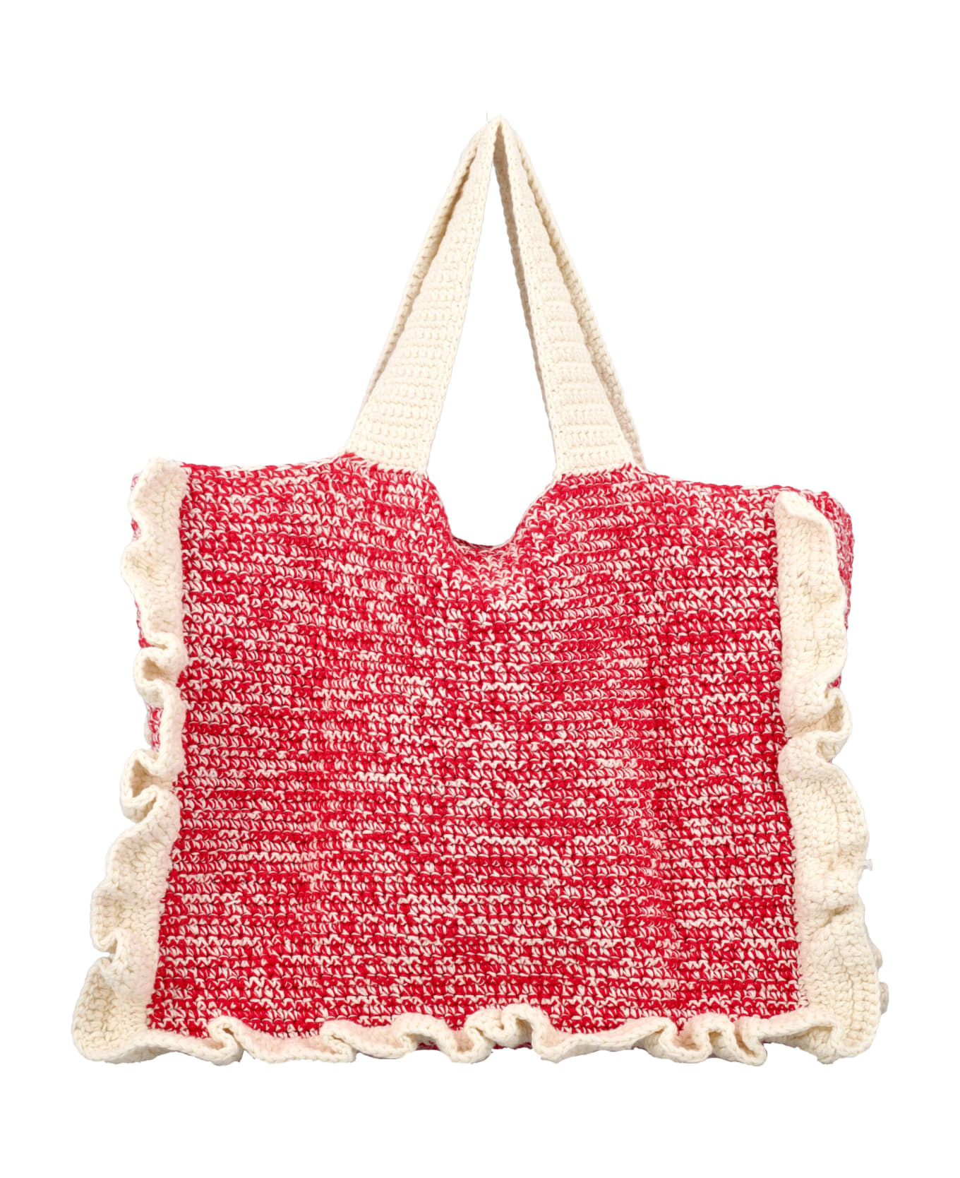 Ganni Crochet Frill Tote Solid Bag - WHITE RED