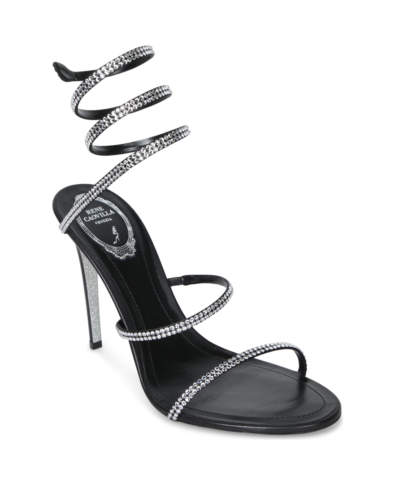 René Caovilla Tina 105 Black Crystal Sandals - Black