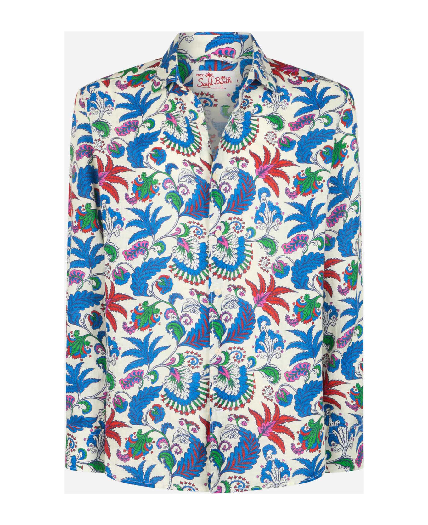 MC2 Saint Barth Nvy Blue Linen Shirt Pamplona With Flower Print - MULTICOLOR