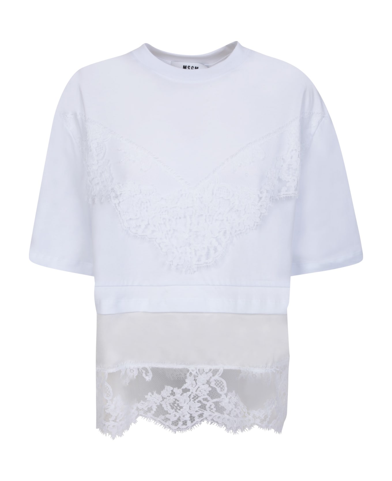 MSGM Embroidered Lace White T-shirt - White