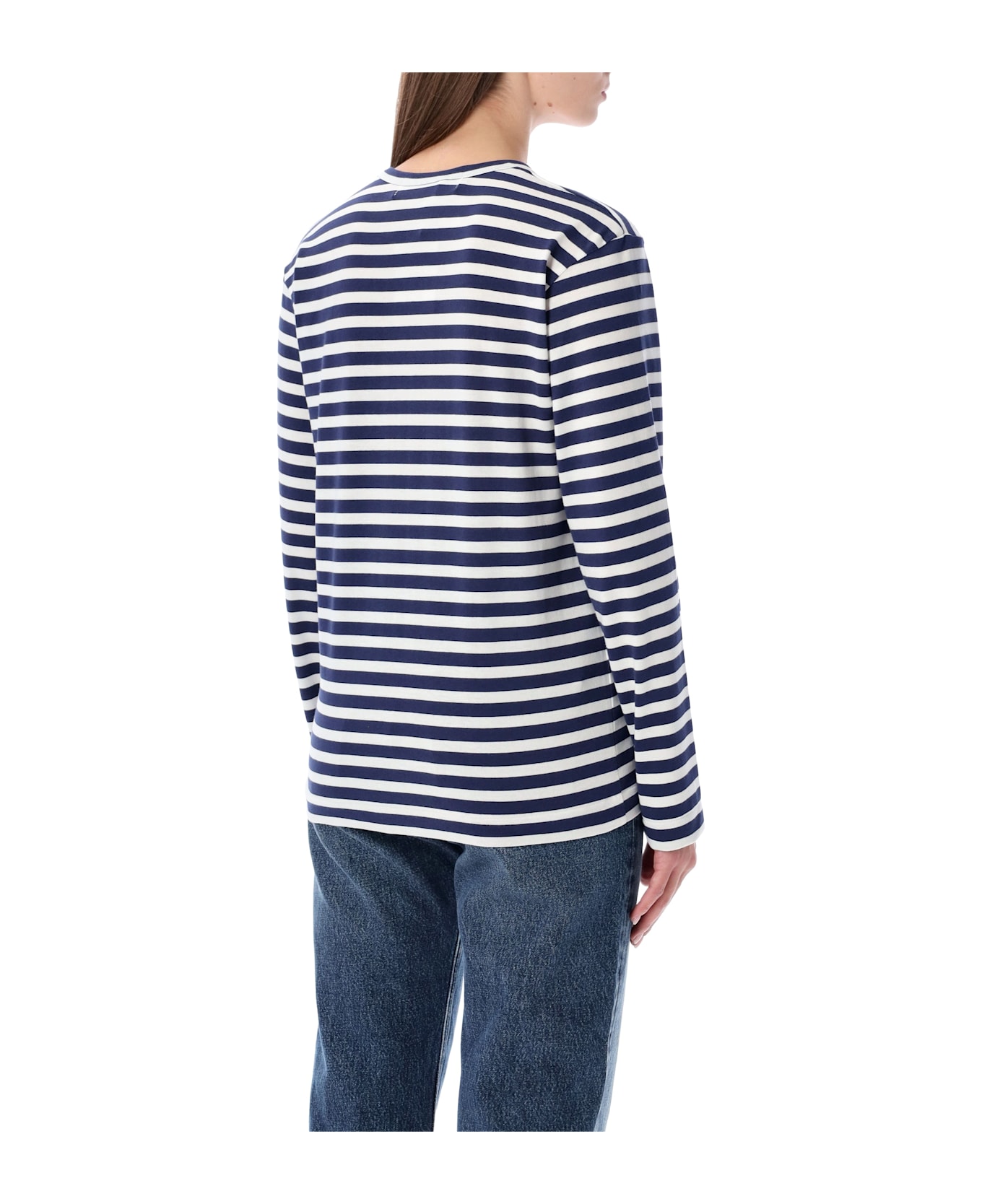 Comme des Garçons Play Striped Navy And White T-shirt With Crystal Heart - NAVY/WHITE