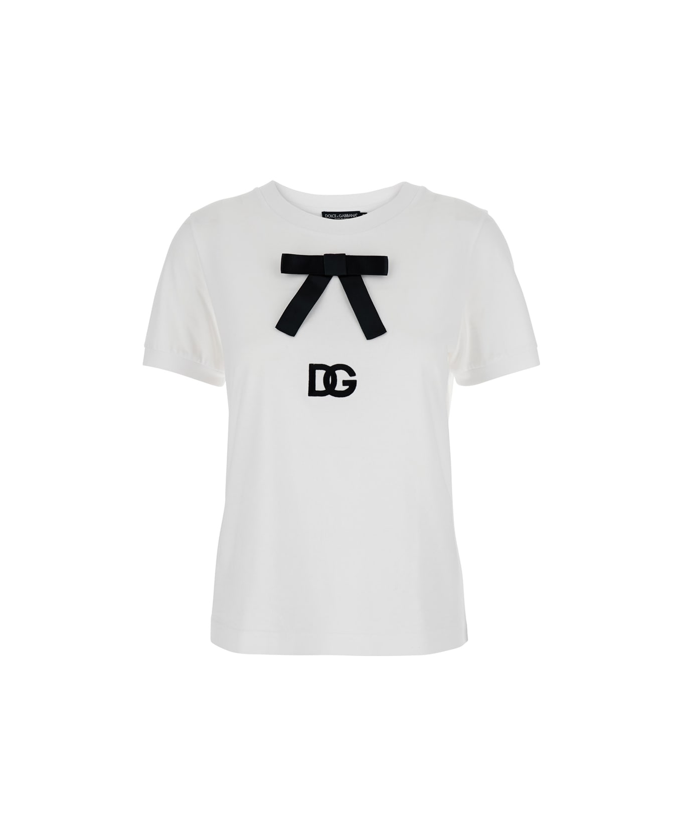 Dolce & Gabbana White T-shirt With Bow On The Front And Dg Logo In Cotton Woman - White