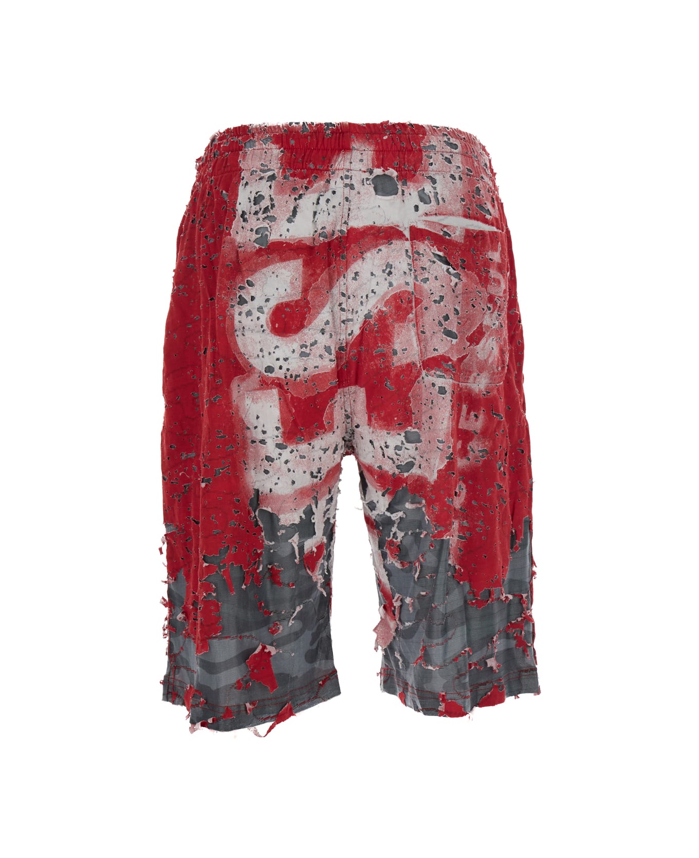 Diesel Red And Grey Shorts With Logo Print In Destroyed Jersey Man - Multicolor
