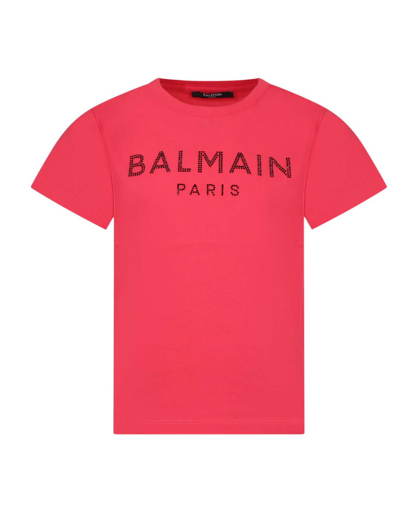 Balmain Fuchsia T-shirt For Girl With Logo And Rhinestones